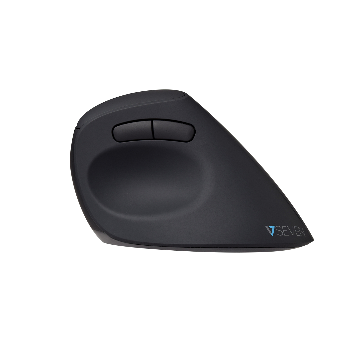 Mouse ergonomico nero, due pulsanti e logo su sfondo bianco, vista laterale.