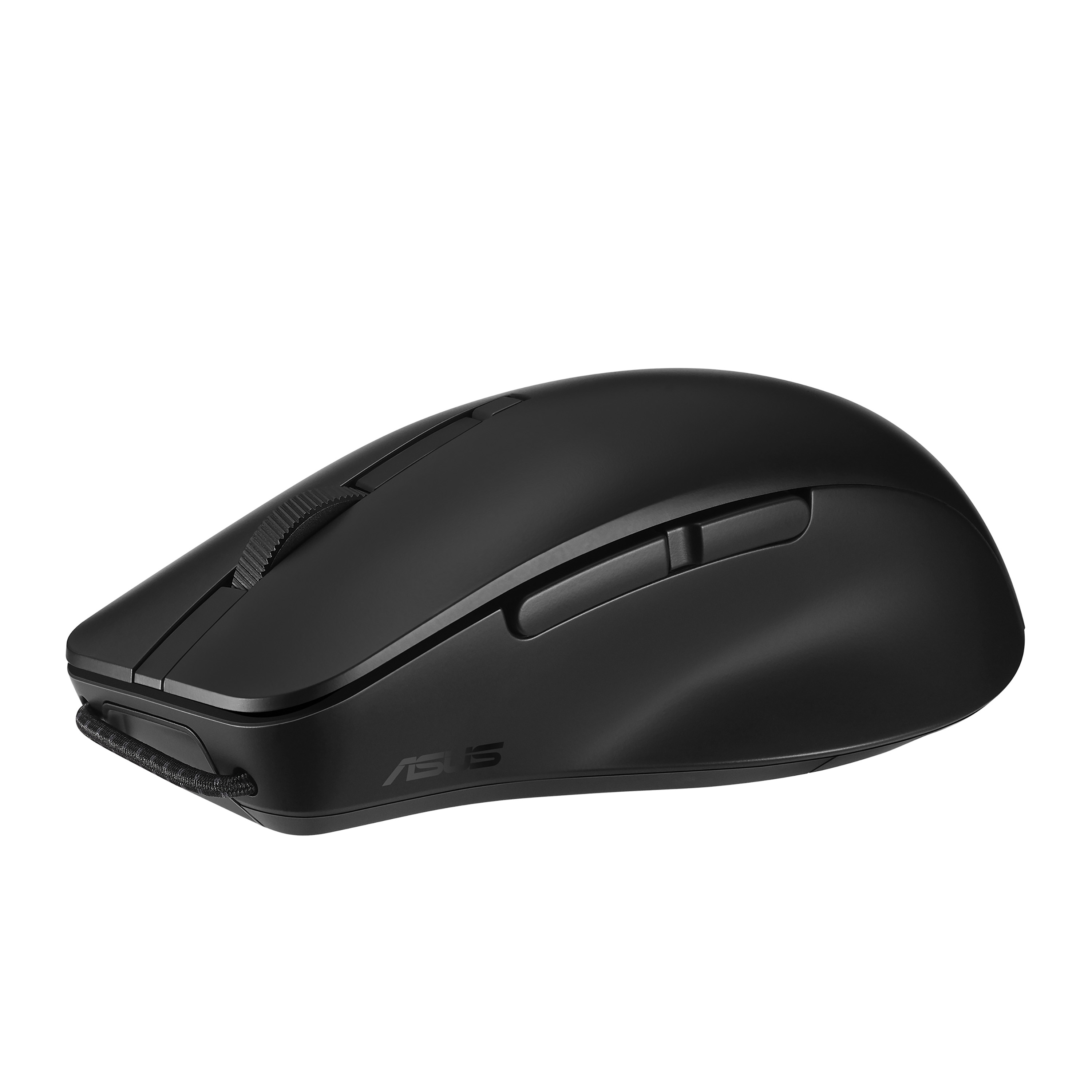 Mouse Asus nero con pulsanti laterali. Ha una rotella e il logo Asus. Sfondo bianco.