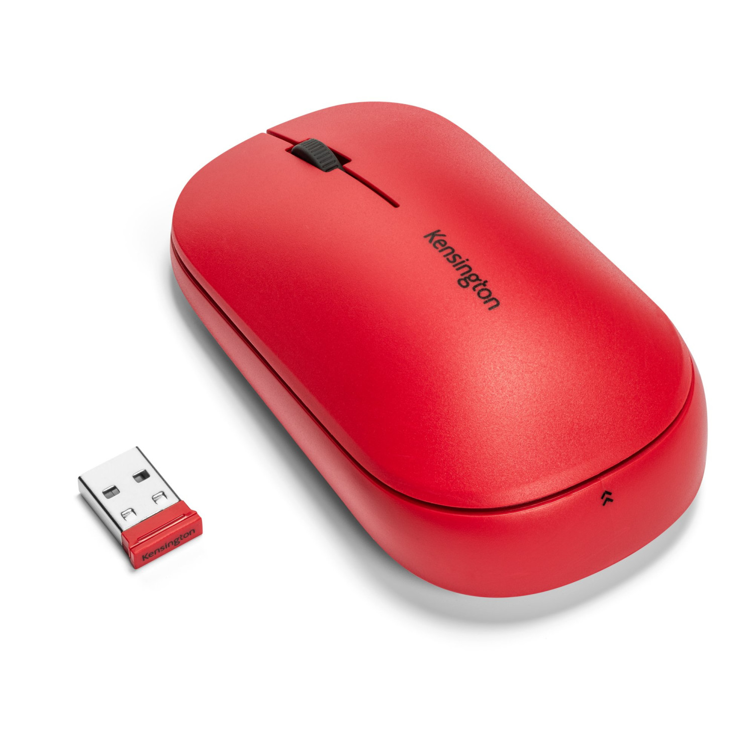 Mouse wireless rosso con ricevitore USB, marchio Kensington, isolato su sfondo bianco.