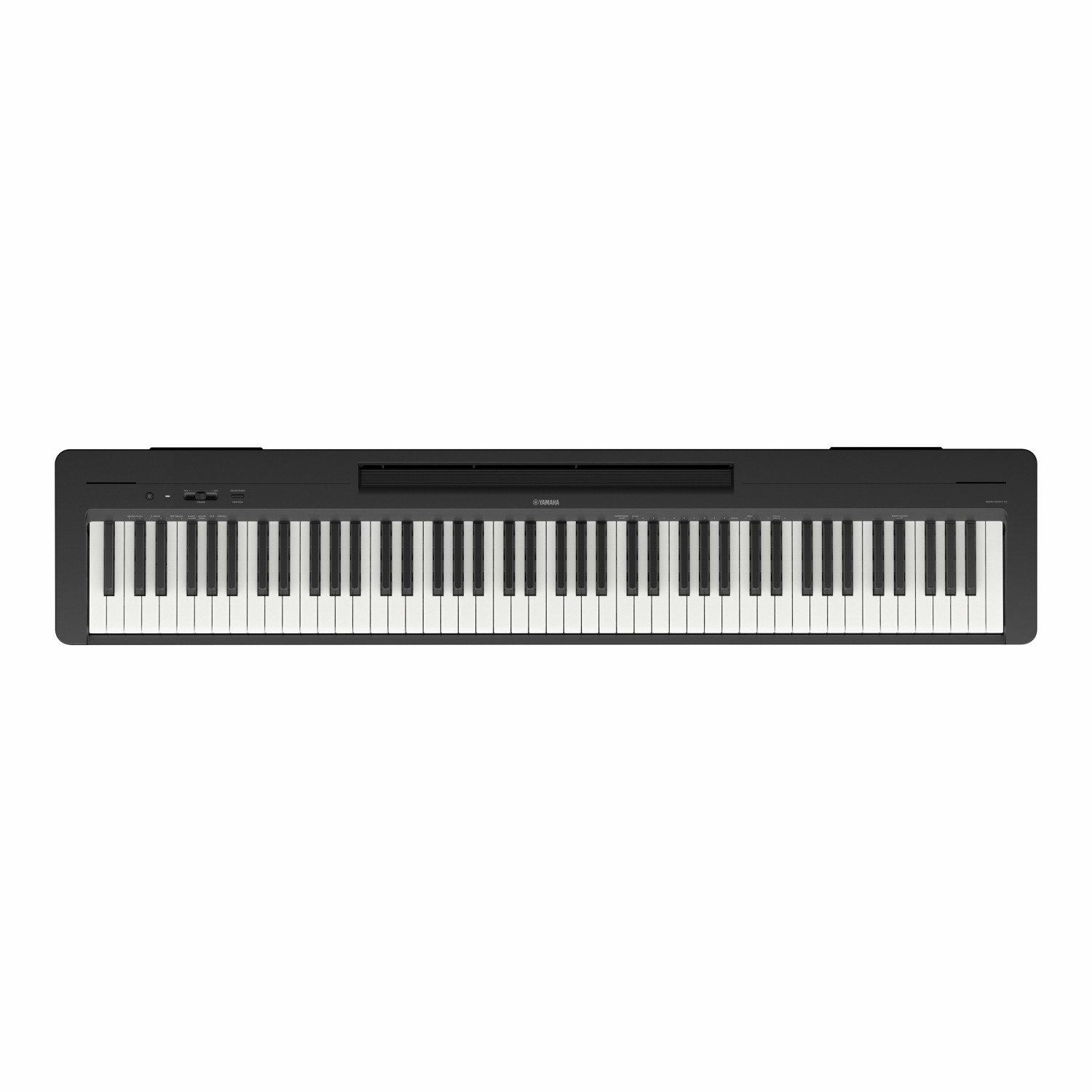Ein schwarzes Yamaha Digitalpiano mit weißen und schwarzen Tasten, von oben gesehen, vor weißem Hintergrund.