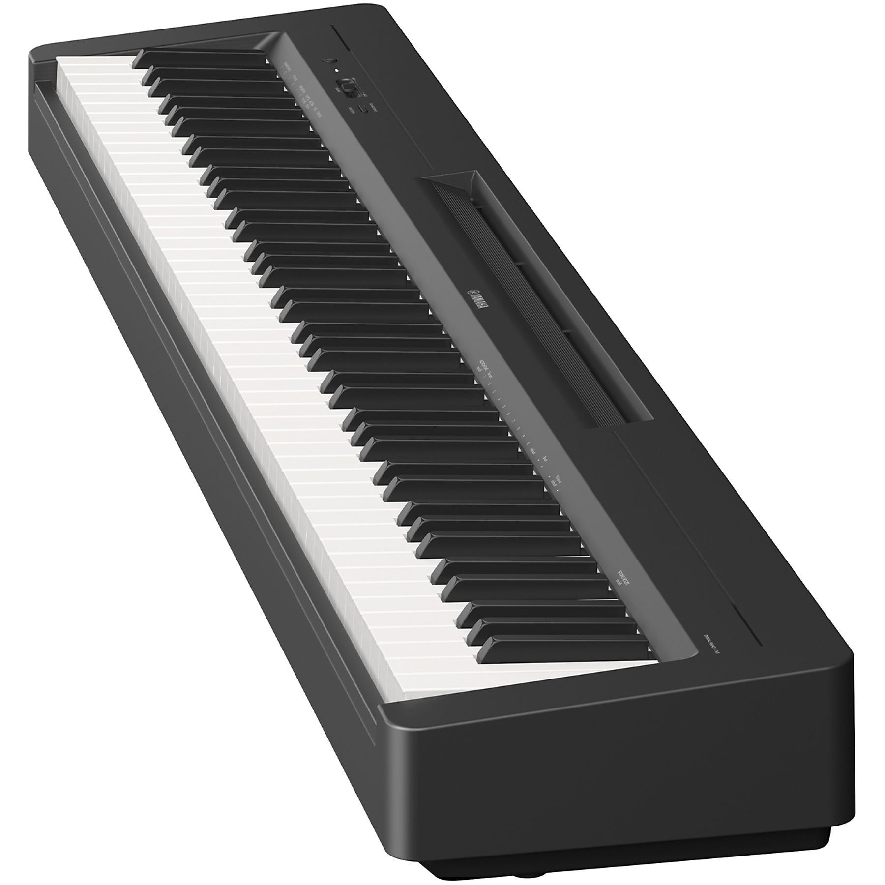 Schwarzes Digitalpiano mit weißen Tasten. Oberseite mit Bedienelementen und Logo.