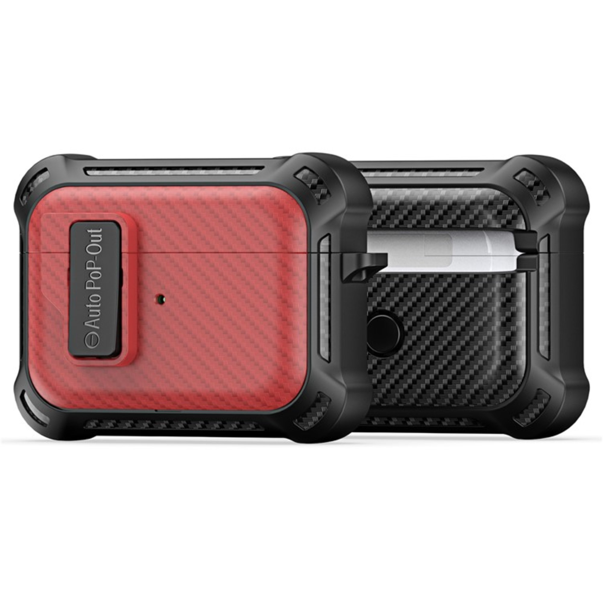 Zwei Schutzhüllen für AirPods Pro. Eine rote und eine schwarze, beide mit Carbonfaser-Textur.