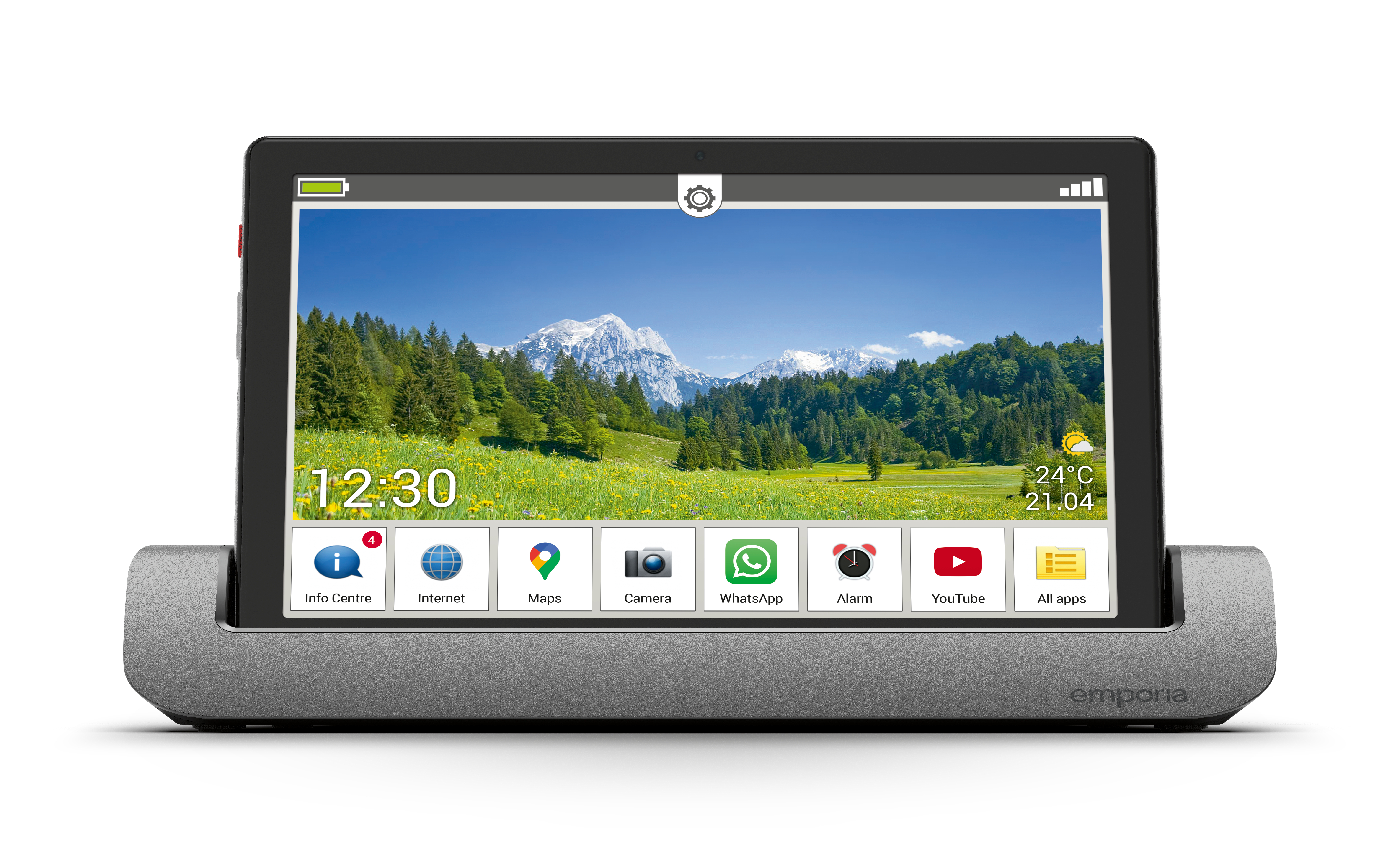 Ein Tablet in einem Ständer, das eine Landschaft zeigt. Der Bildschirm zeigt Symbole für verschiedene Apps.