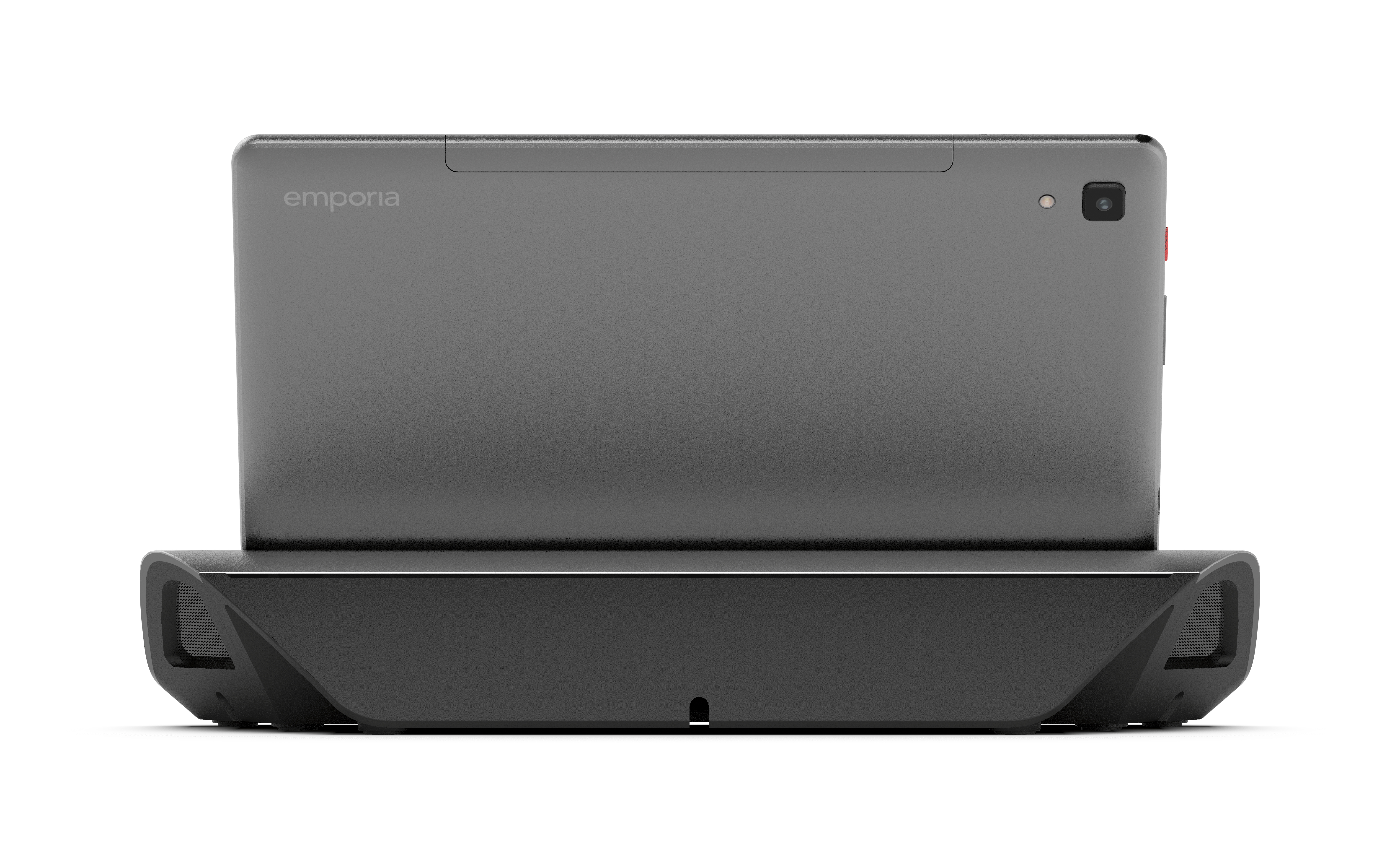 Schwarzes Tablet in einem schwarzen Ständer. Der Markenname 'emporia' ist darauf.