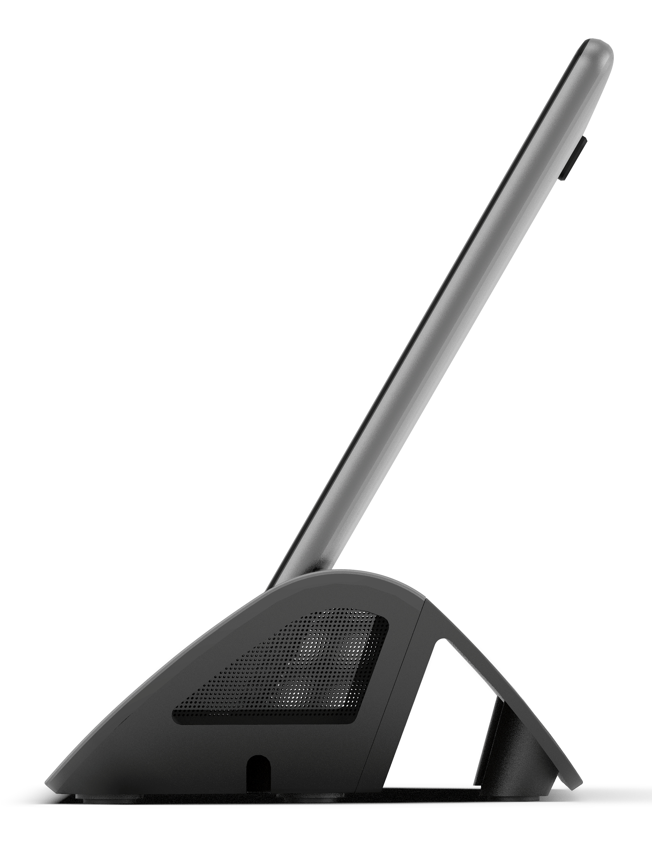 Ein silbernes Tablet steht auf einer schwarzen Basis. Das Tablet ist angewinkelt und die Basis hat einen Lautsprecher.