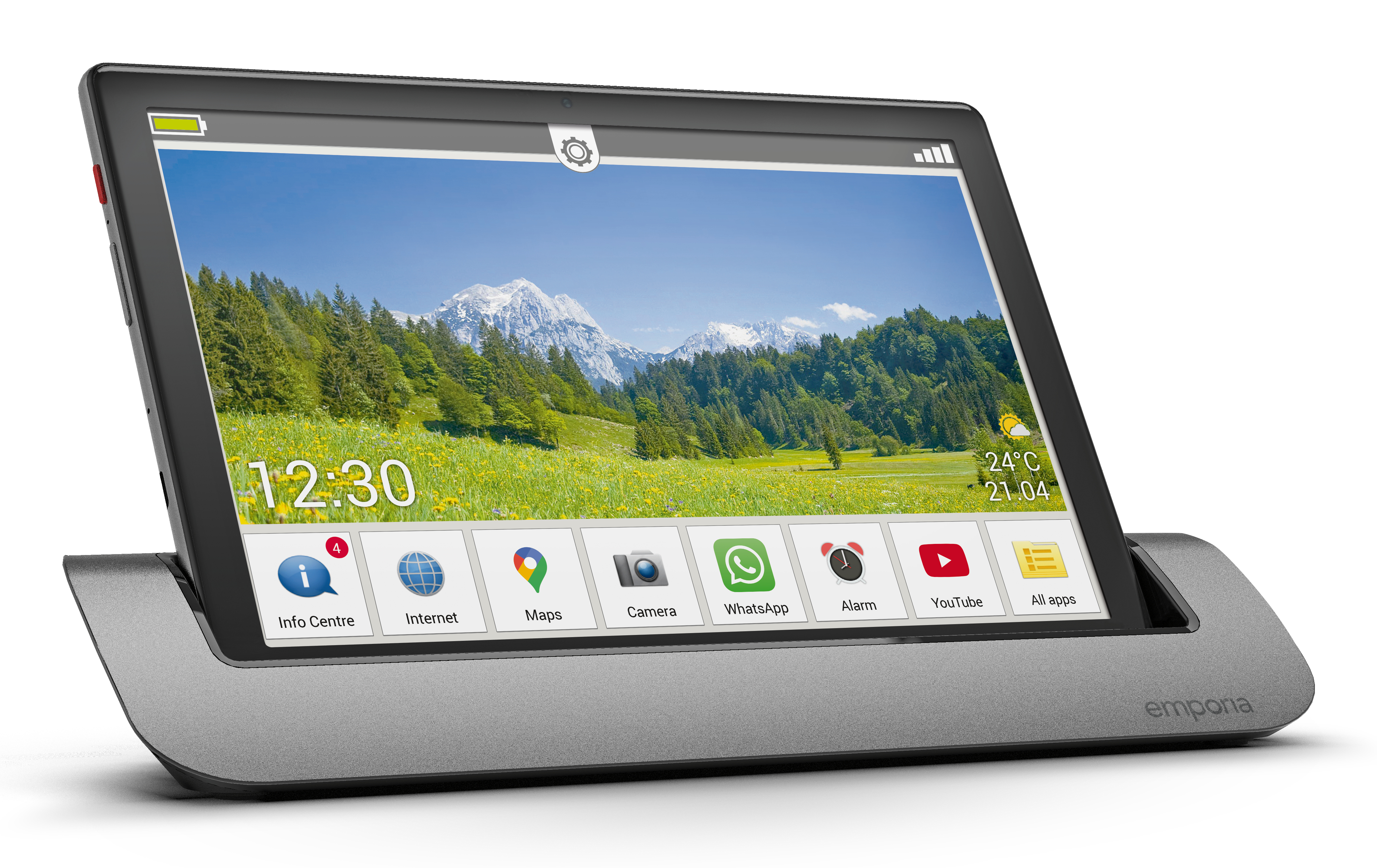 Ein Tablet in einem Ständer mit einem Bildschirm, der eine Landschaft und Oberfläche-Icons zeigt.
