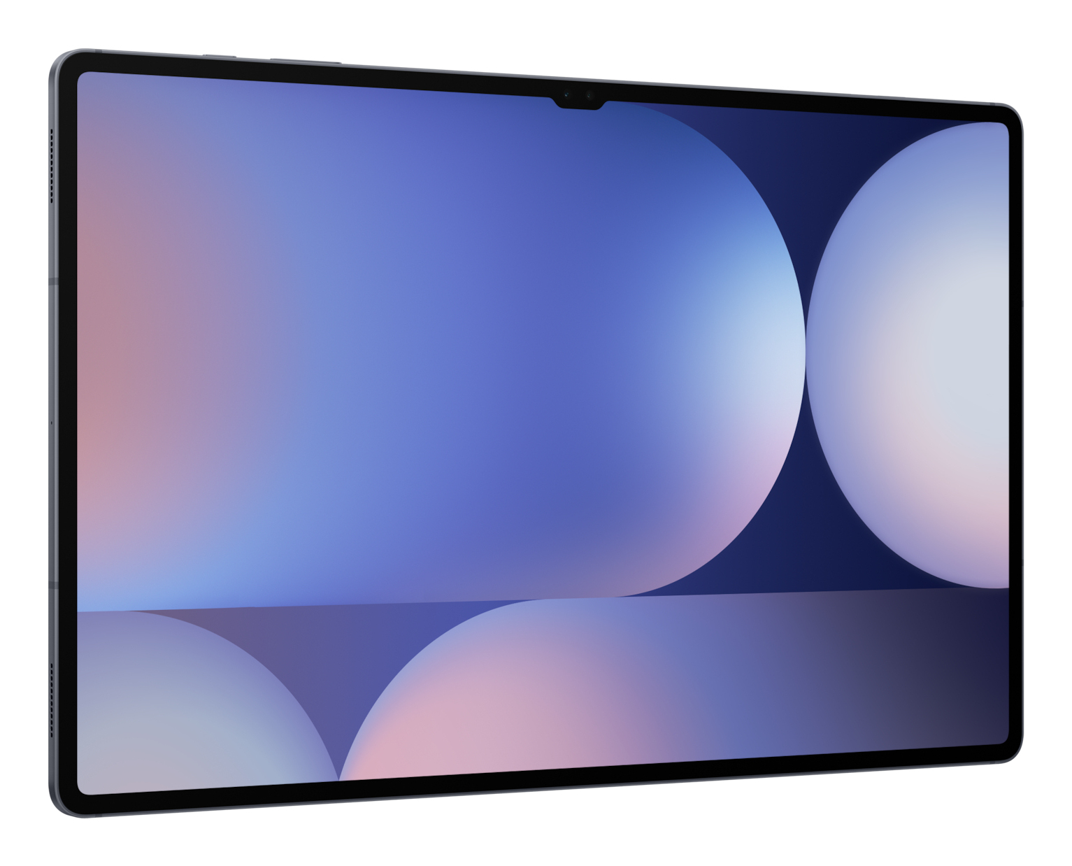 Tablet z dużym ekranem, który wyświetla kolorowe, abstrakcyjne tło z niebieskich i białych okręgów.