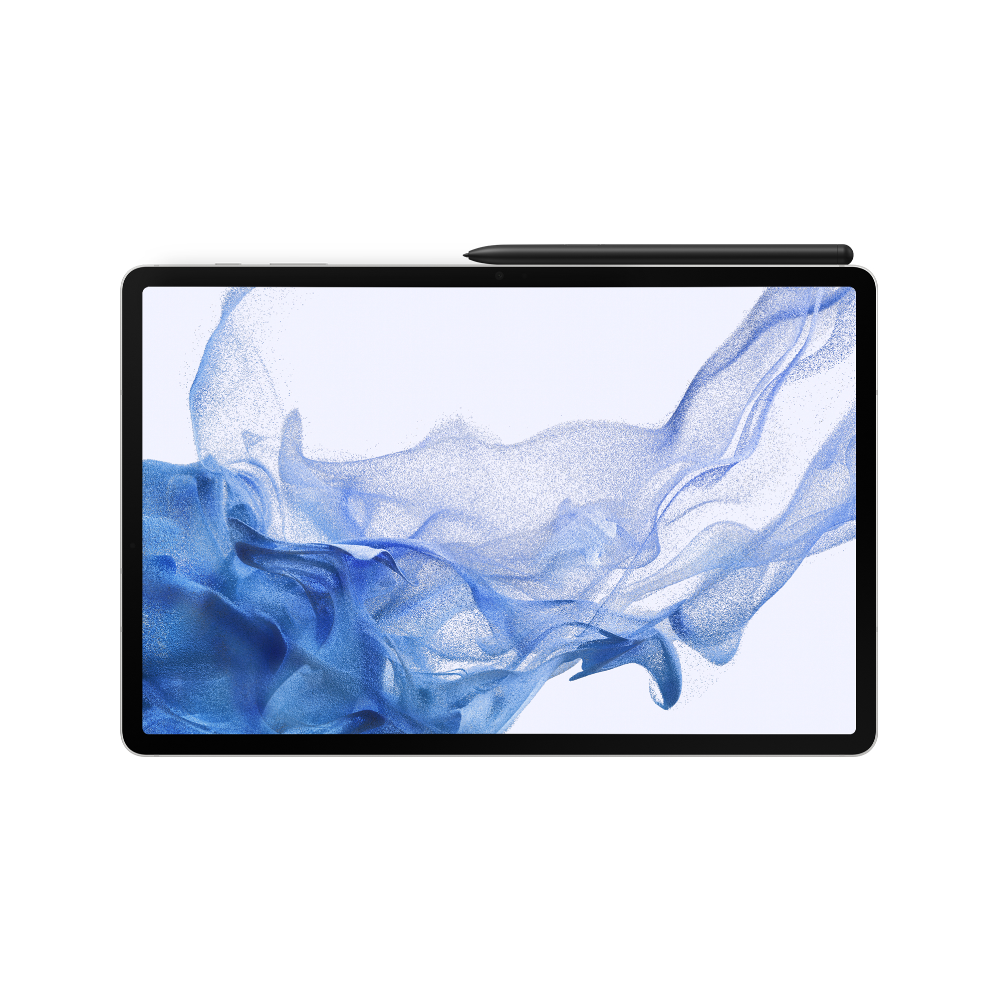 Una tablet con marco negro, diseño abstracto azul y lápiz, sobre fondo blanco.