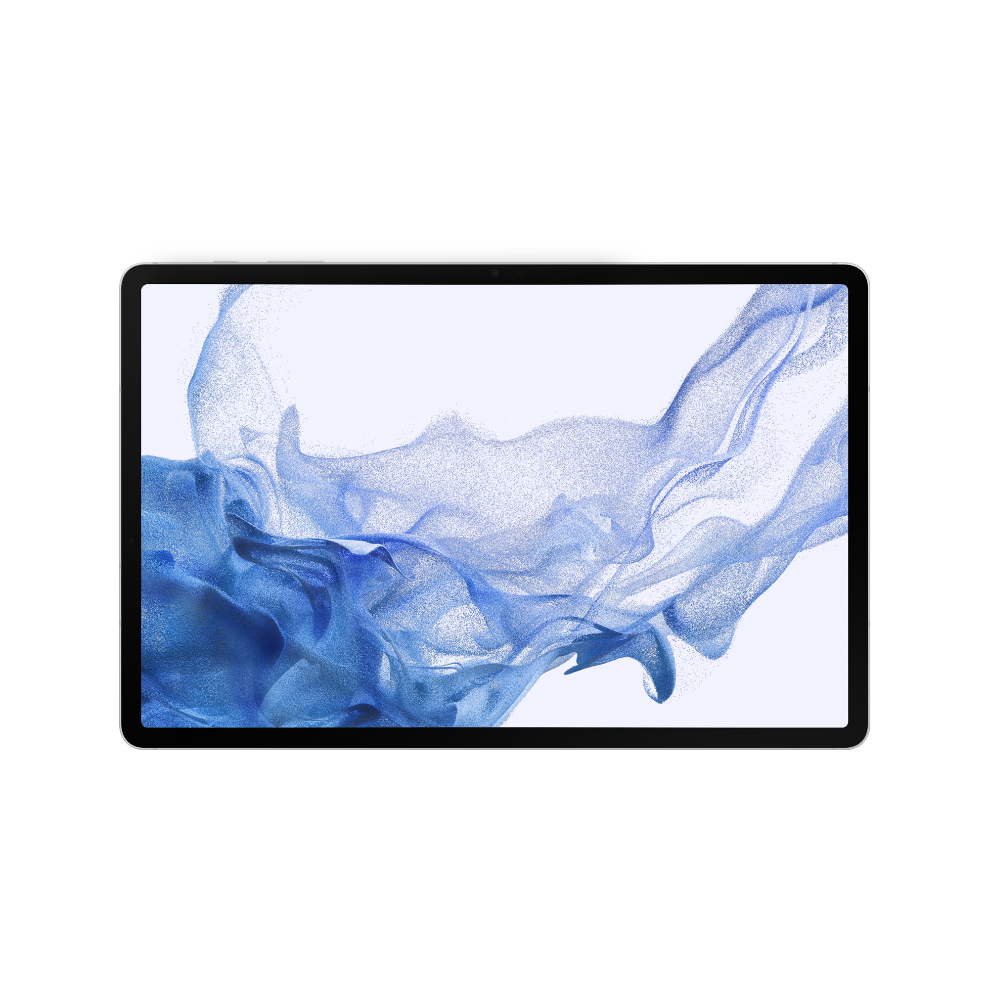 Tableta con un diseño abstracto azul y blanco en la pantalla, aislada sobre fondo blanco.