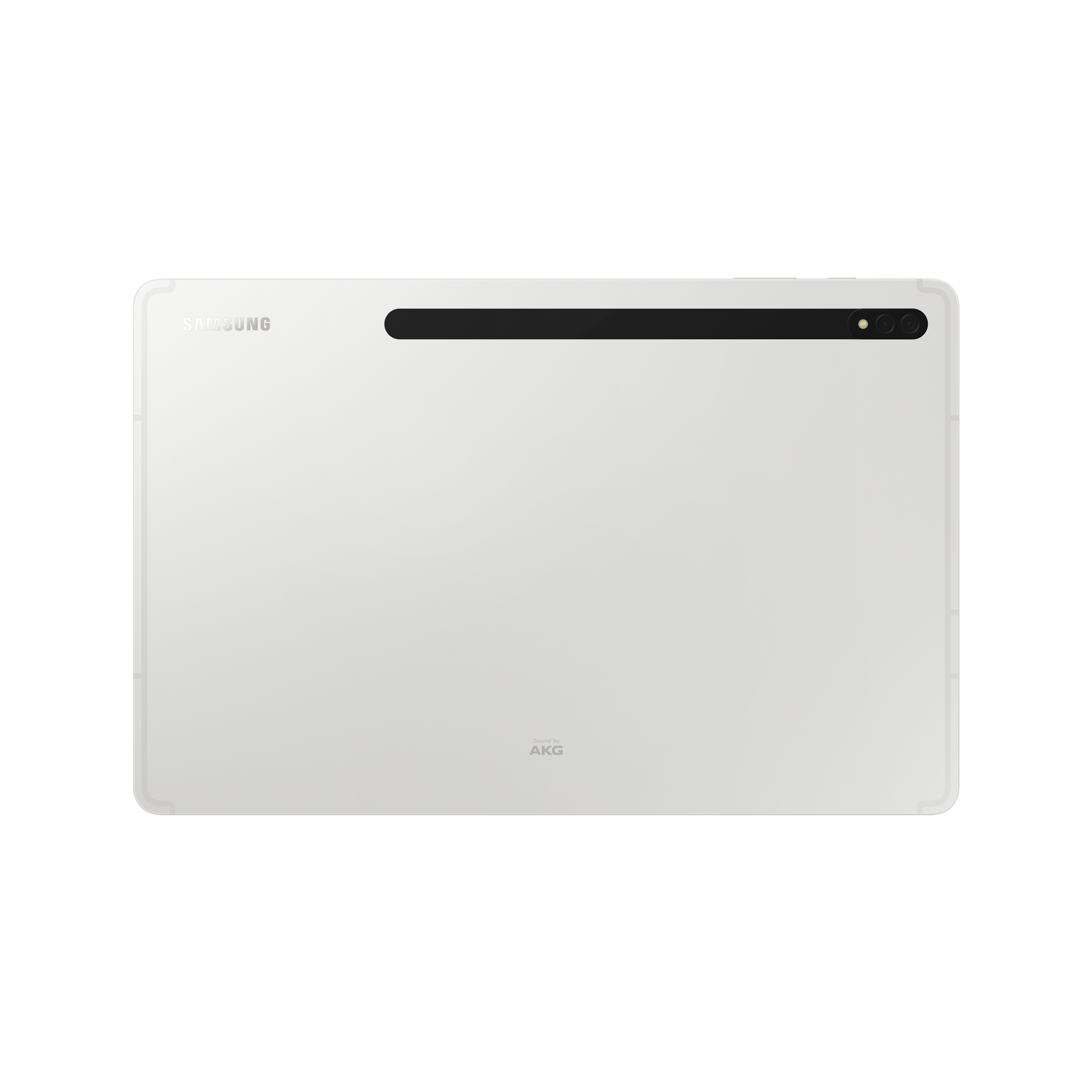 Una tableta Samsung blanca desde atrás. Barra de cámara negra y logotipo AKG visibles.