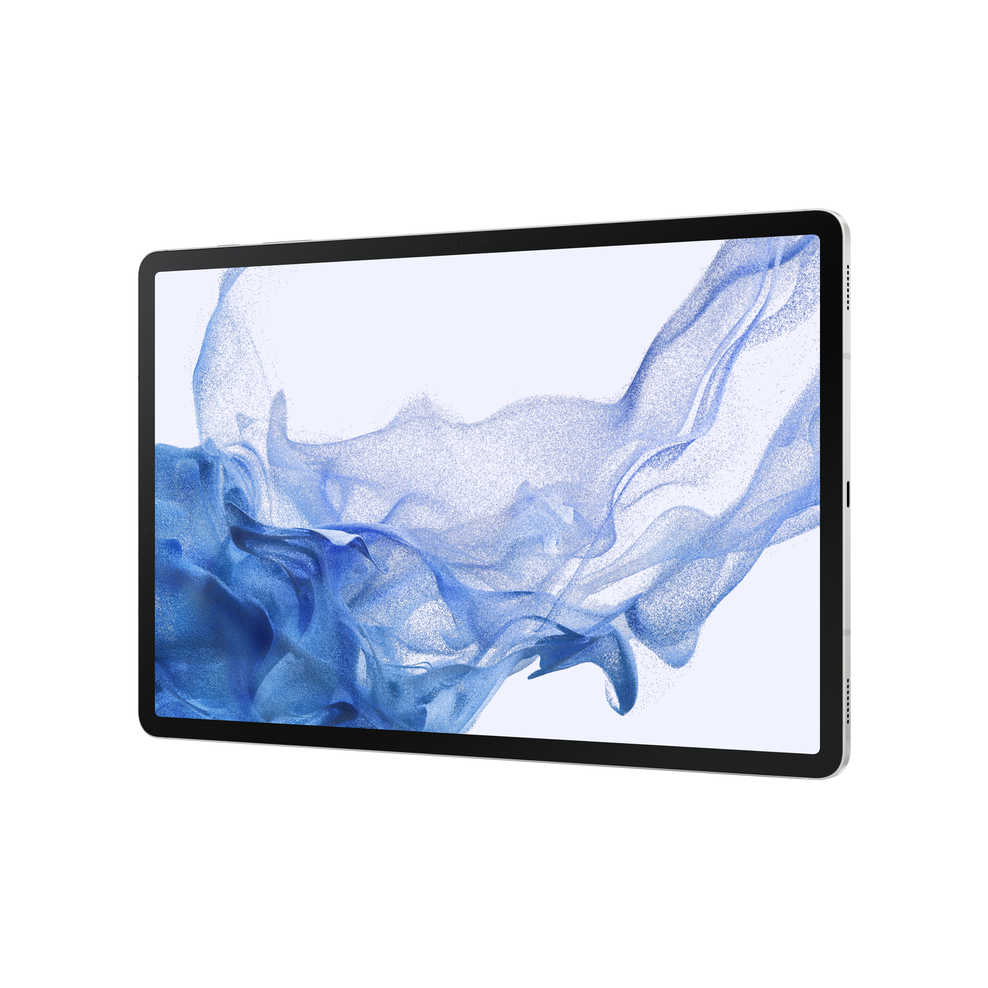 Una tableta con una imagen abstracta azul en la pantalla, sobre fondo blanco.