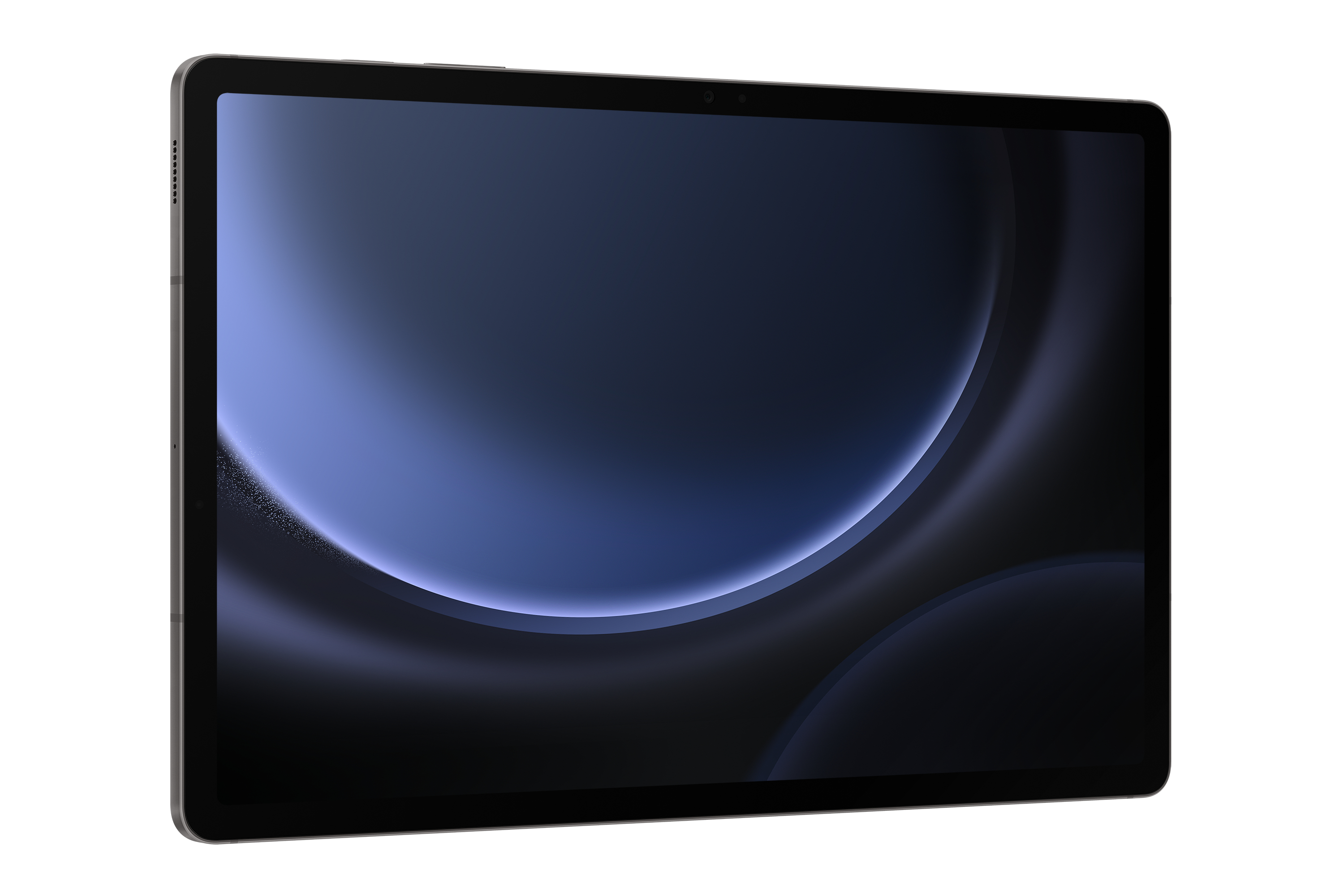 Tableta con un fondo abstracto azul oscuro y negro.