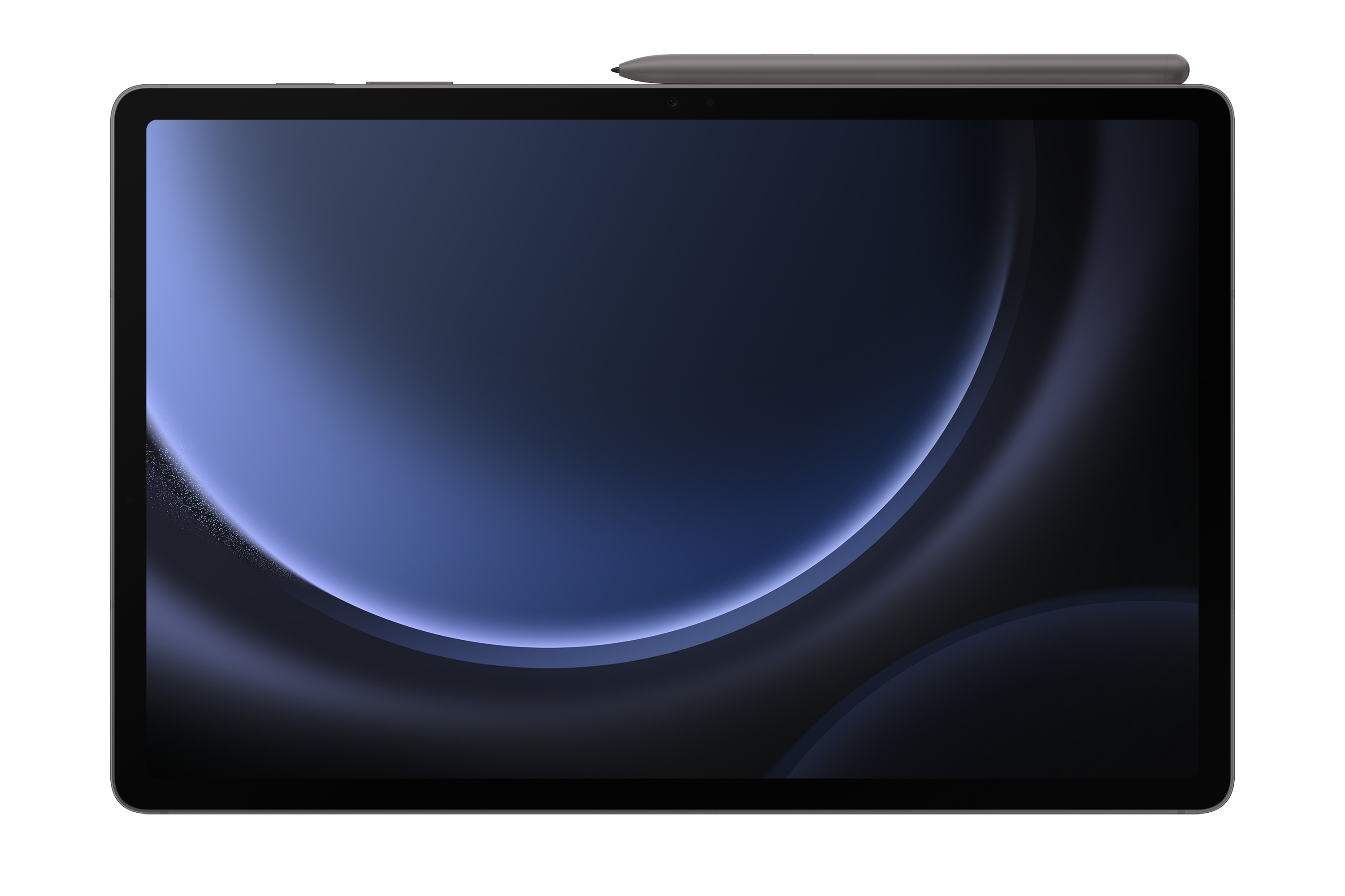 Tableta con pantalla negra, un lápiz óptico descansa sobre ella. Fondo azul oscuro.