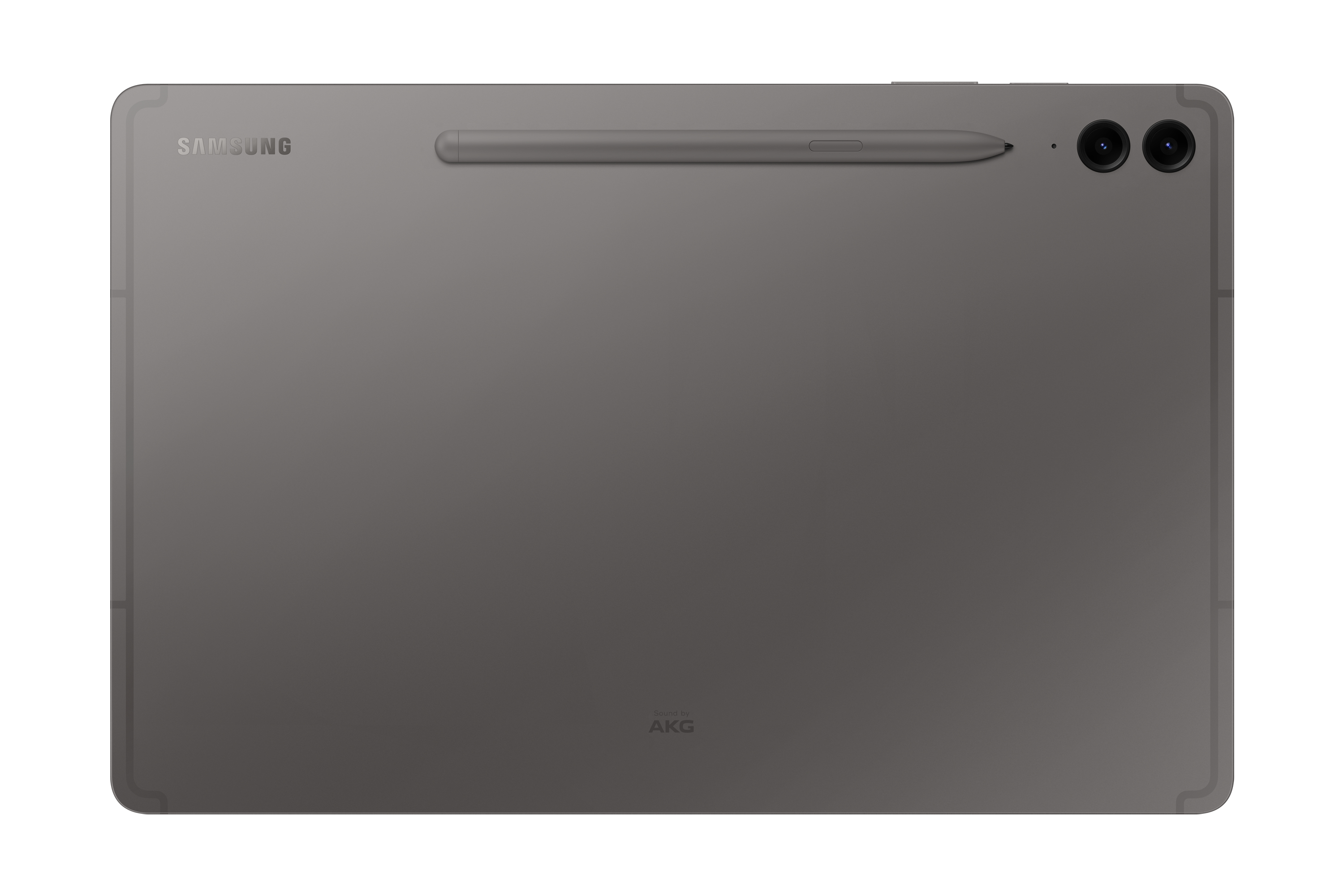 La parte trasera de una tableta Samsung gris con lápiz óptico y dos cámaras.