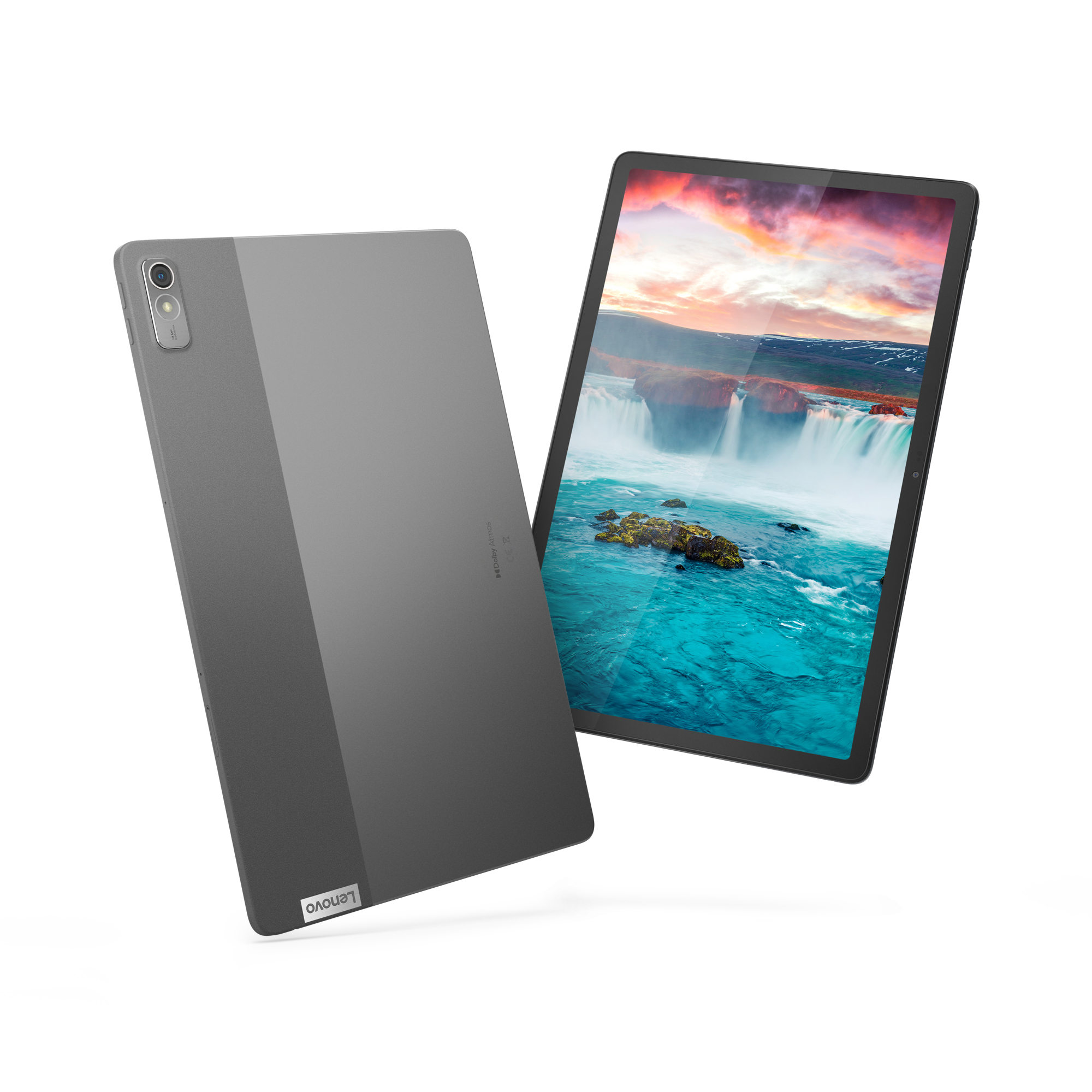 Zwei graue Tablets auf weißem Hintergrund. Eines zeigt ein Wasserfallbild.