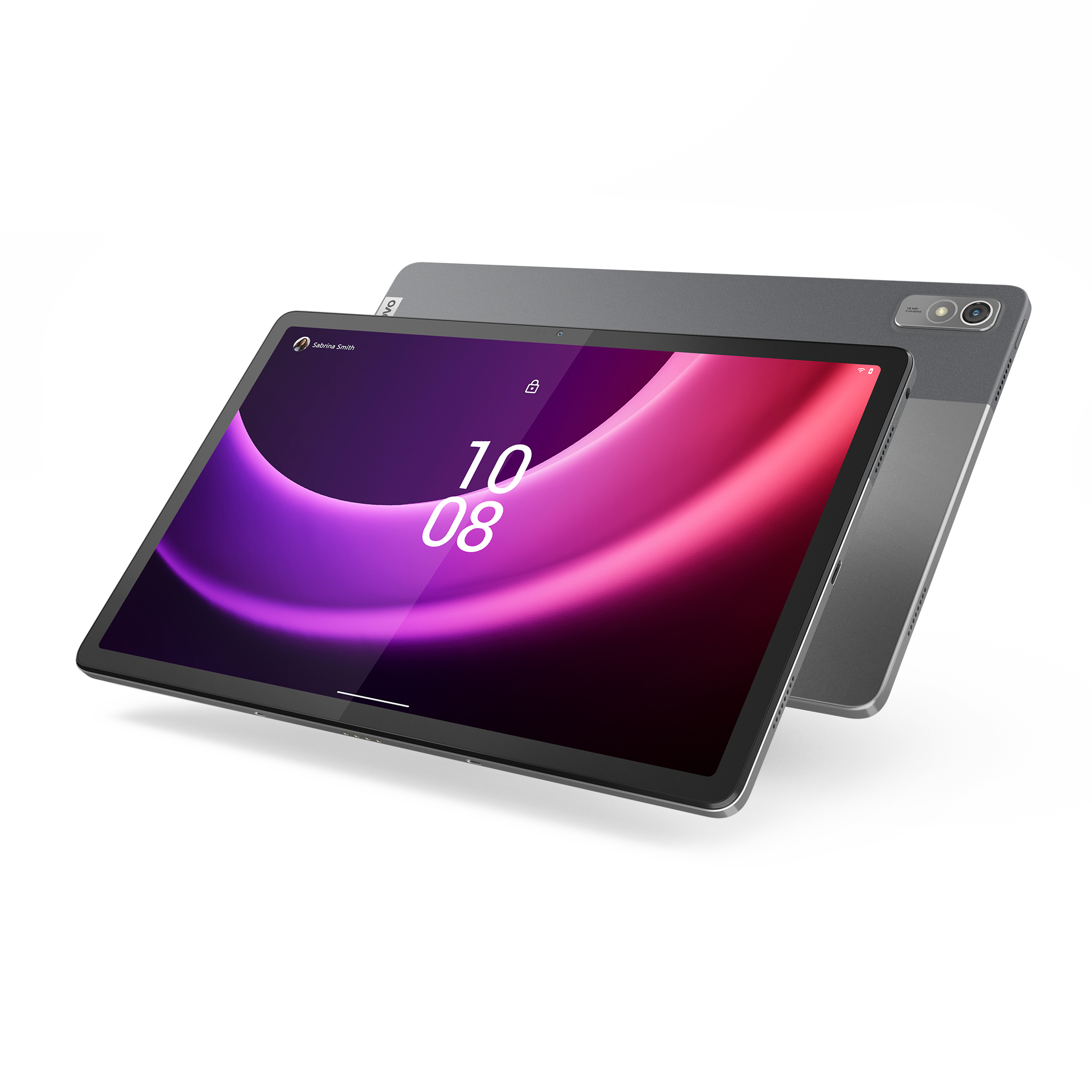 Graues Tablet mit einem Bildschirm, der die Uhrzeit und einen Farbverlauf anzeigt.
