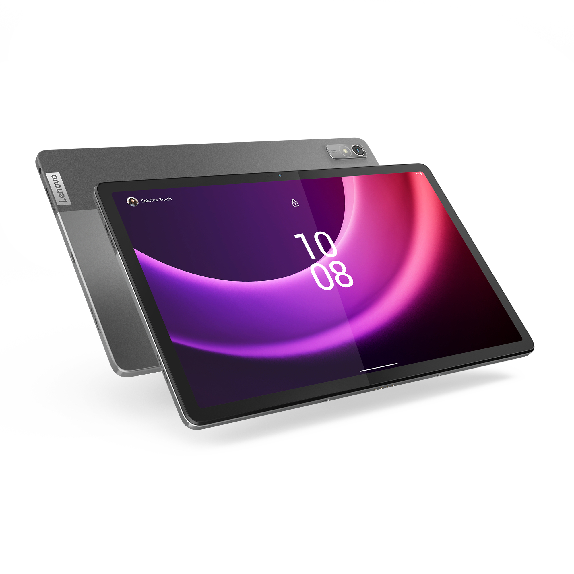 Lenovo Tablet, graue Rückseite, schwarzer Bildschirm zeigt 10:08. Lila und roter Farbverlauf.