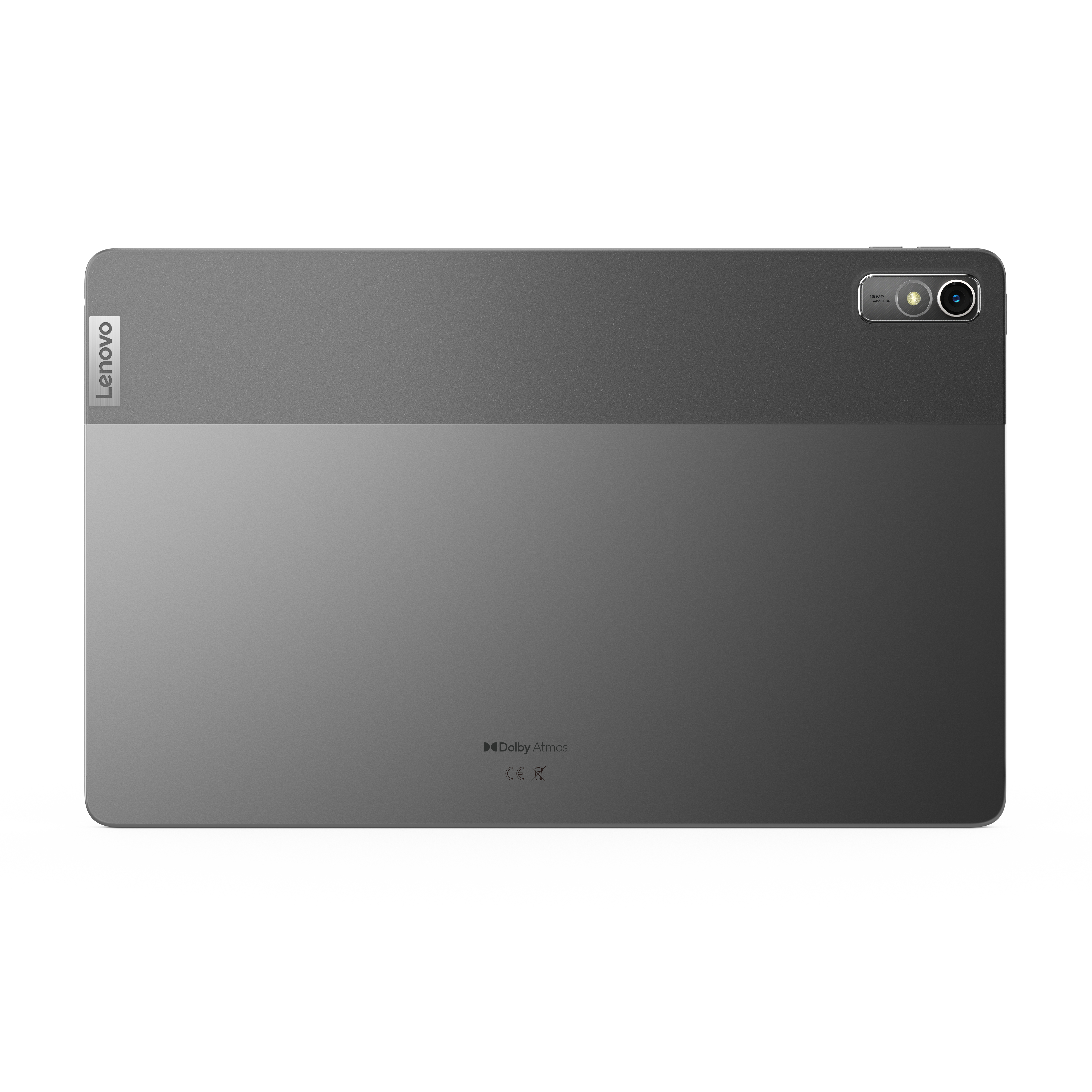 Ein Lenovo Tablet-Computer in Grau und Schwarz, der die Rückseite des Geräts zeigt.