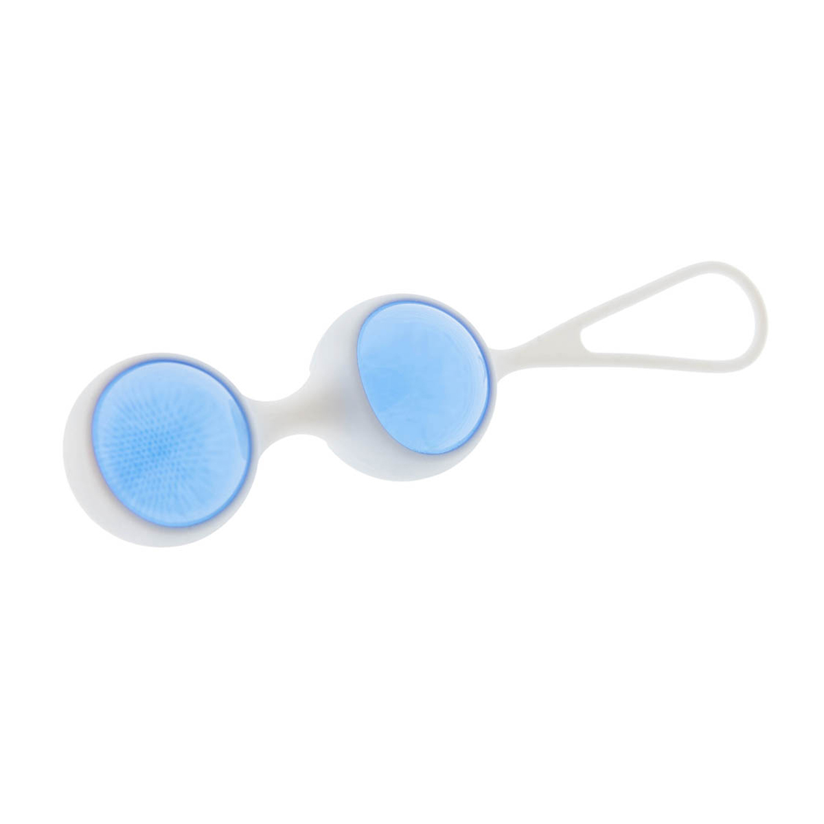 Weiß-blaue Kegel-Kugeln mit Schlaufe. Blaue, strukturierte Kugeln.