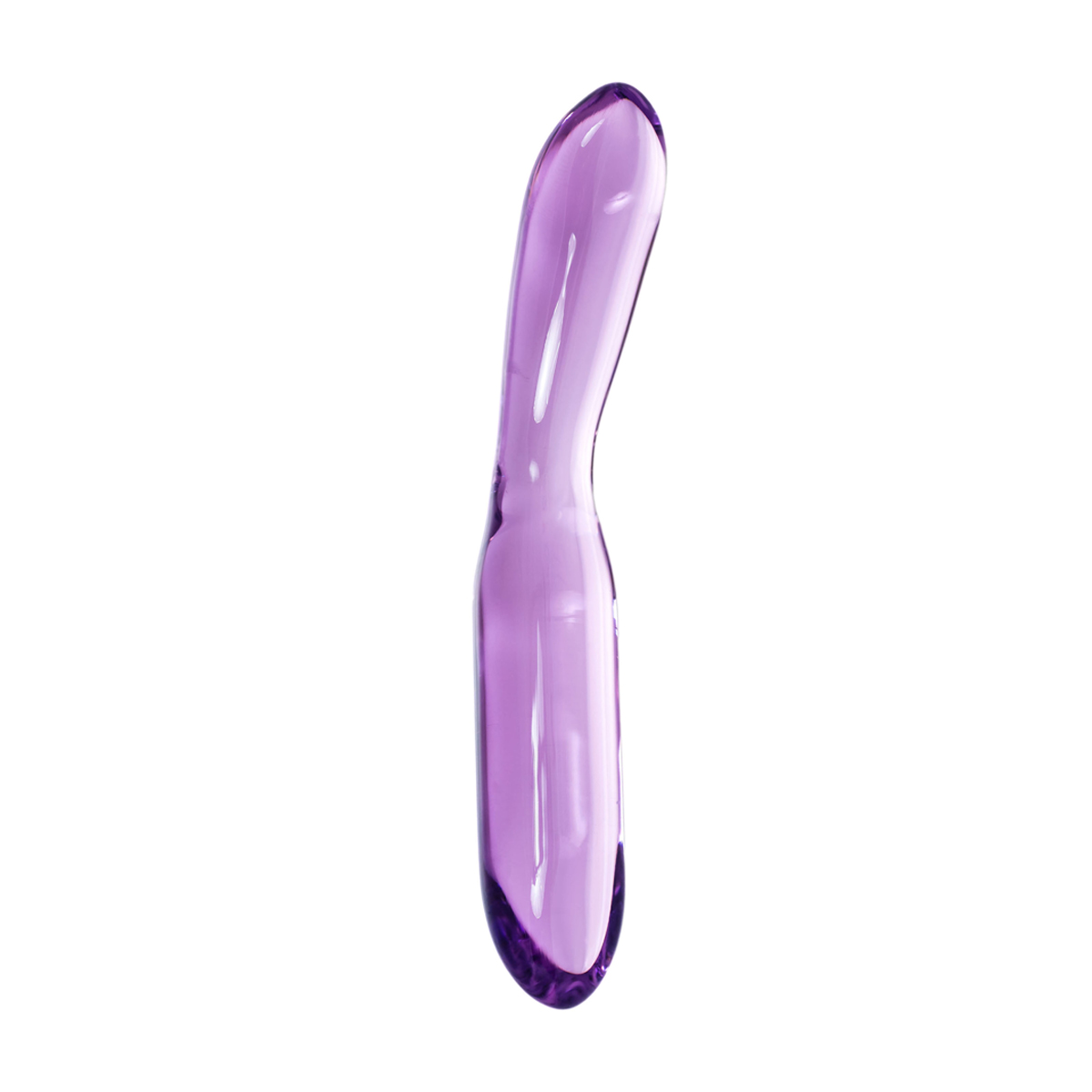 Lila Glas-Sexspielzeug auf weißem Hintergrund, schräge Ansicht.