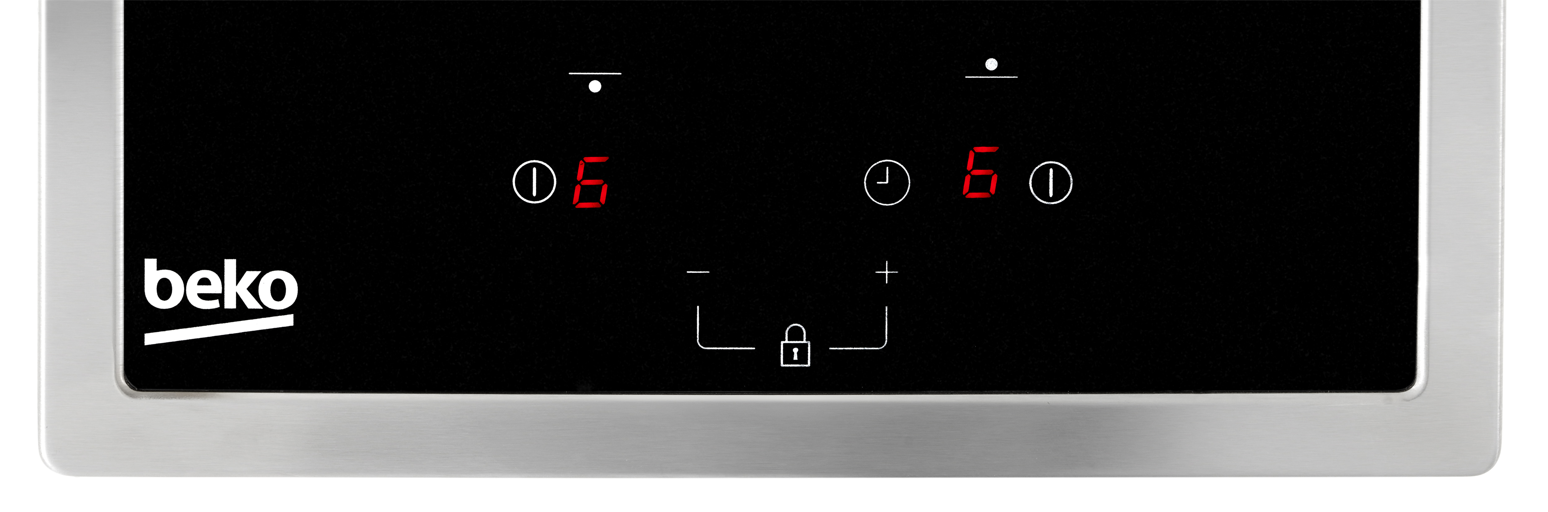 Pannello di controllo piano cottura nero con numeri e simboli su cornice argentata. Logo Beko visibile.