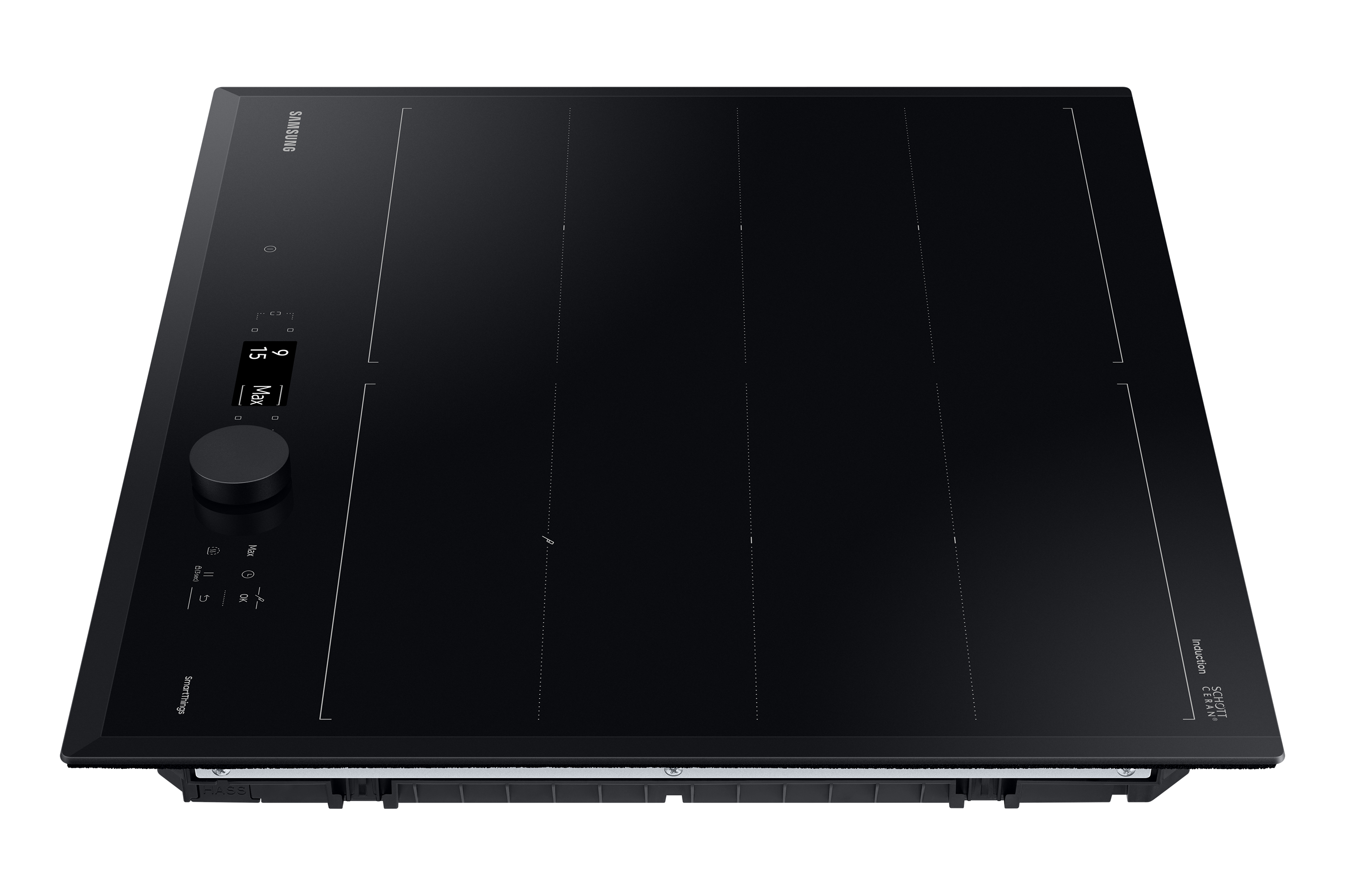 Piano cottura a induzione nero Samsung con manopola rotonda e quattro zone.