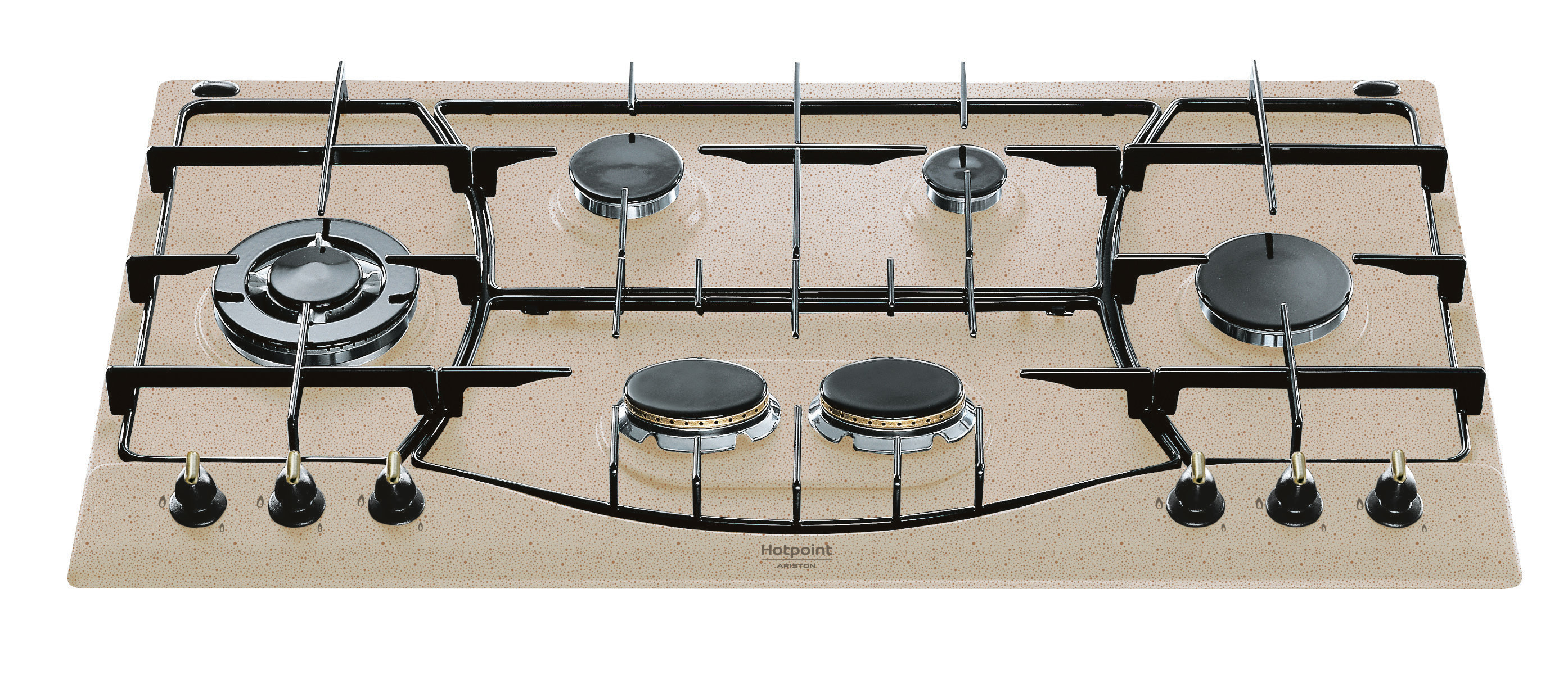 Płyta gazowa z pięcioma palnikami. Beżowa powierzchnia z czarnymi akcentami. Pokrętła na dole. Białe tło.