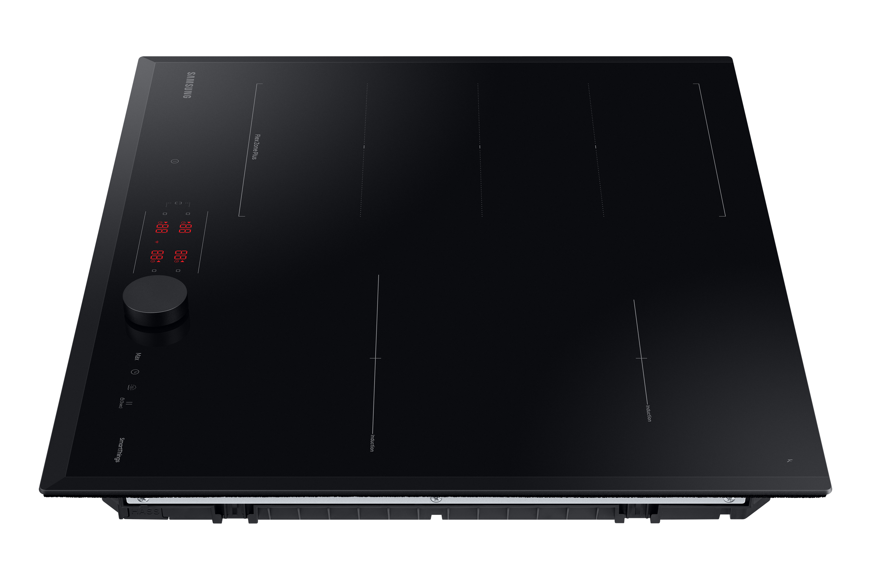 Un piano cottura a induzione nero con manopola centrale e display digitale rosso.