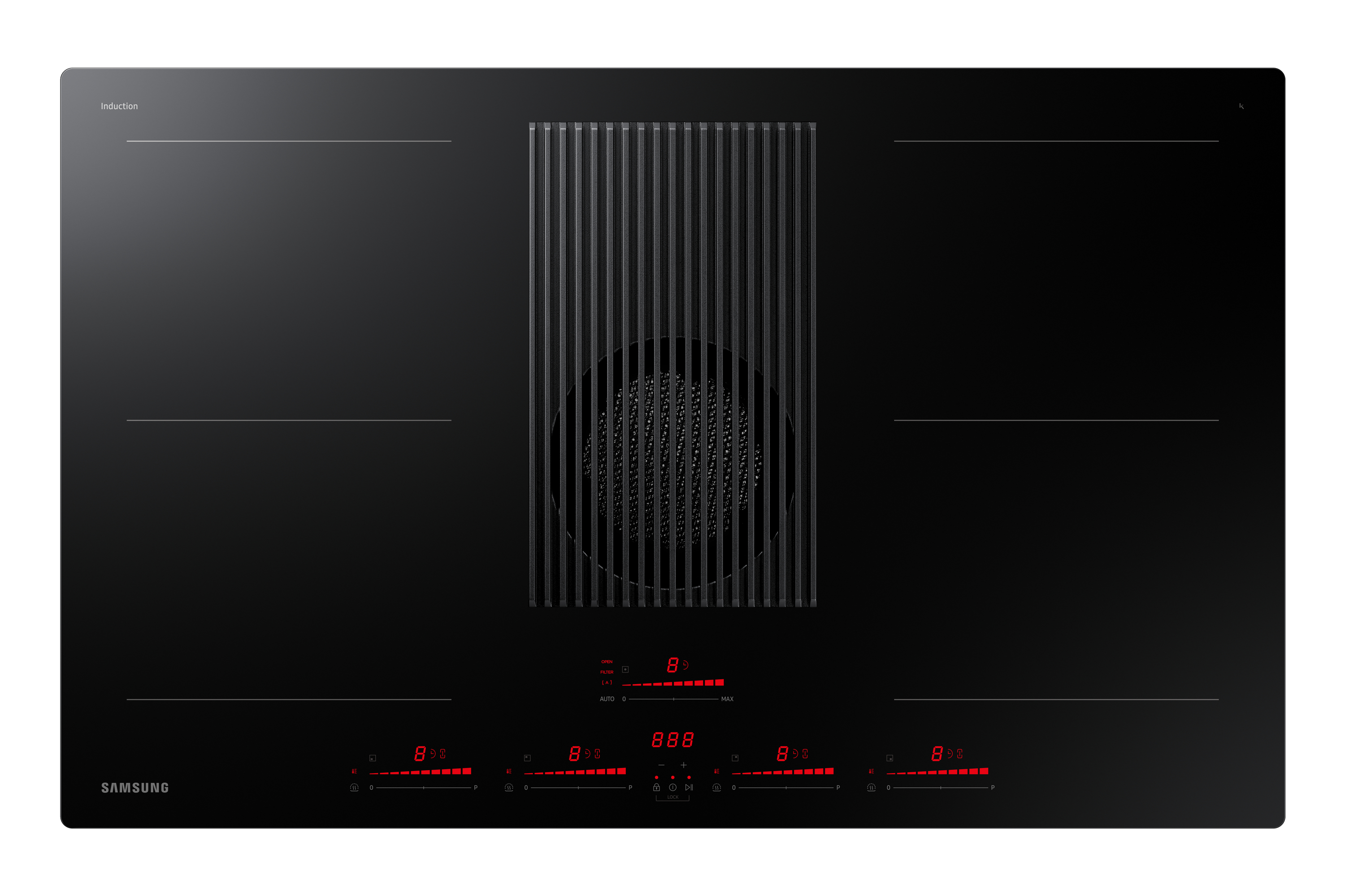 Piano cottura a induzione nero con cappa integrata e display digitale, vista dall'alto.
