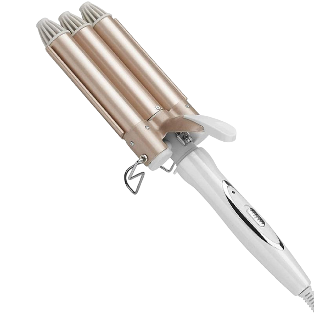 Ein Lockenstab mit drei Läufen, goldfarben und einem weißen Griff. Schwarzer Hintergrund.