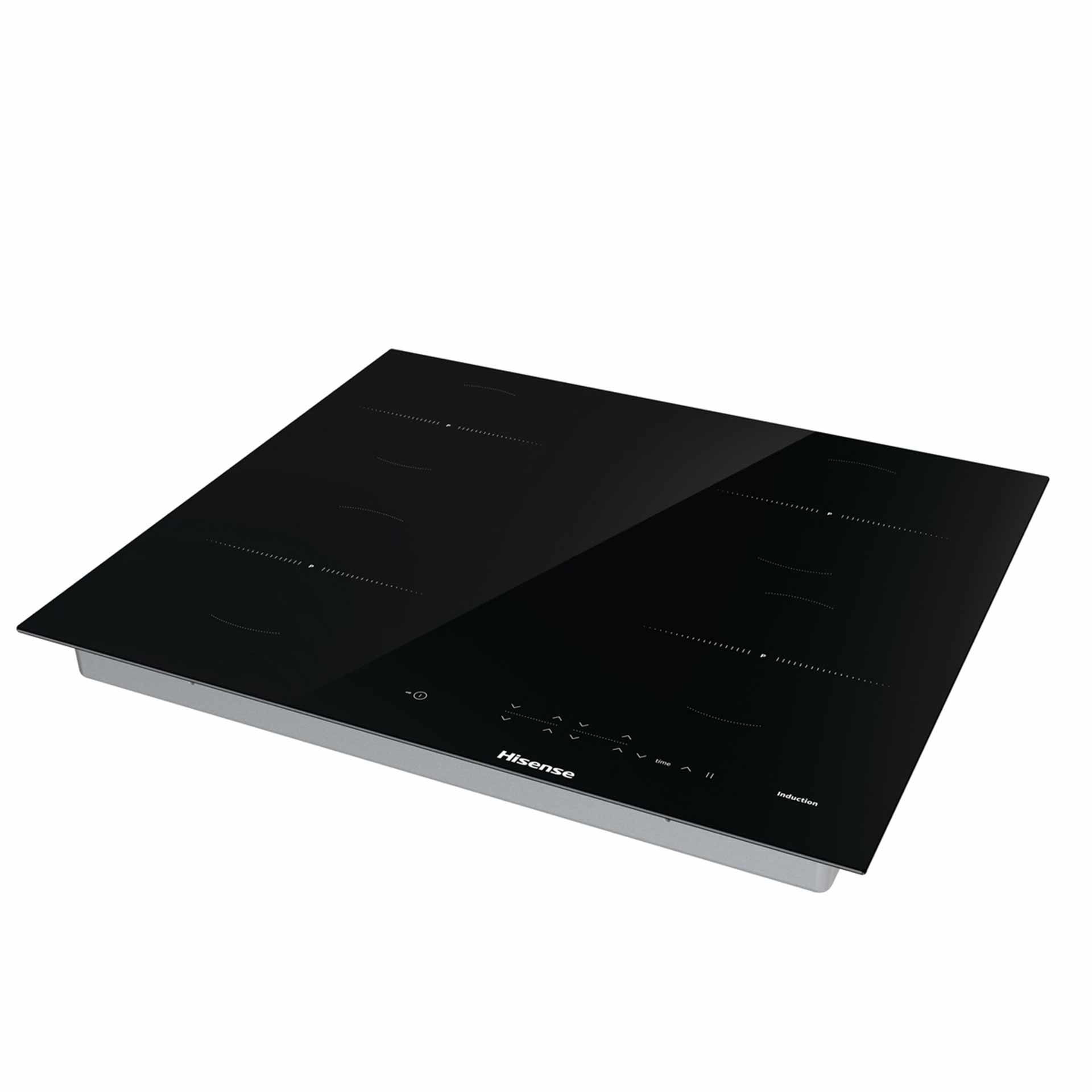 Piano cottura a induzione nero con comandi touch su superficie bianca, visto dall'alto.