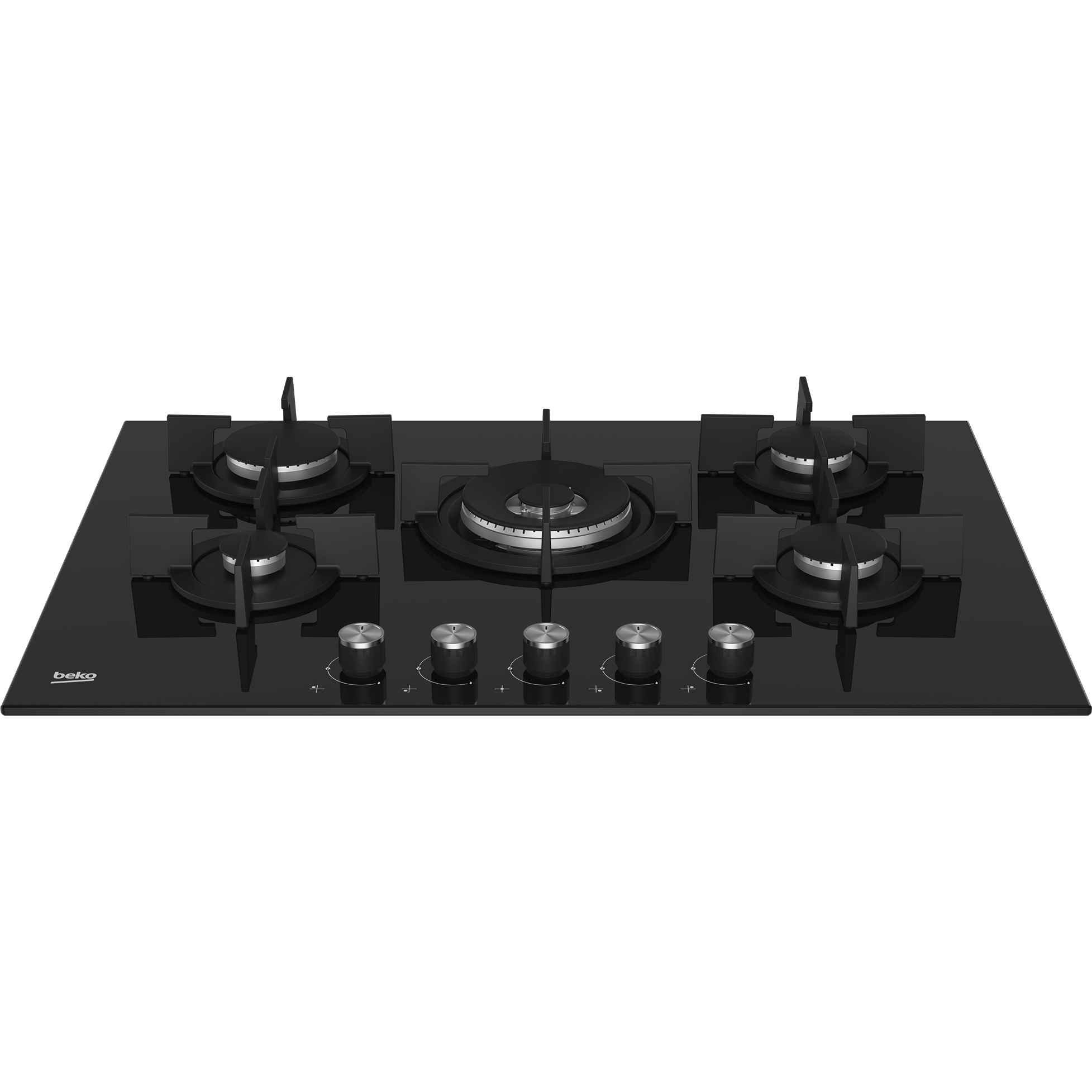 Czarna płyta grzewcza ze szkła z pięcioma palnikami i pokrętłami. Widok z góry.