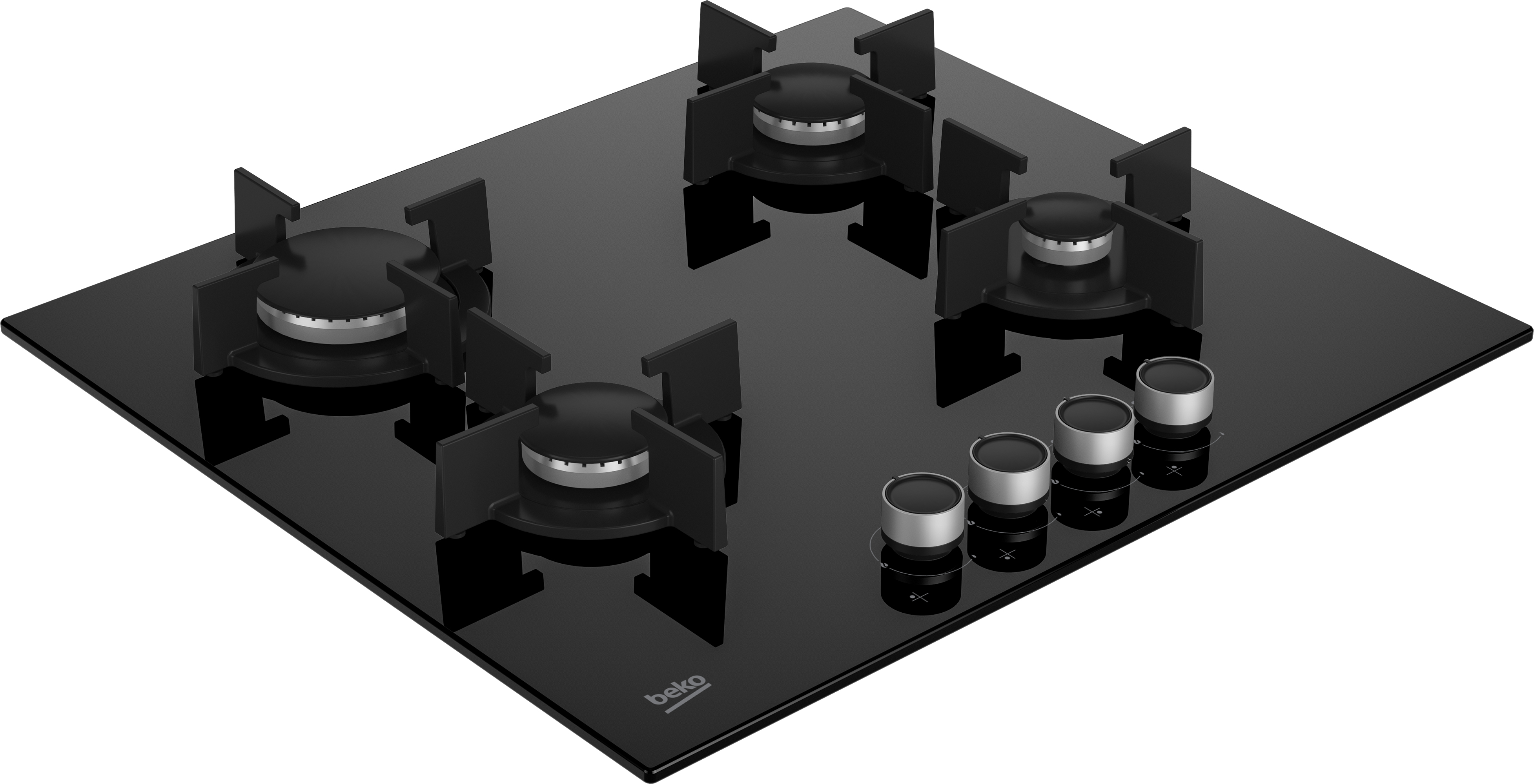 Czarny, czteropalnikowy blat kuchenny ze srebrnymi elementami sterującymi, widok z góry.