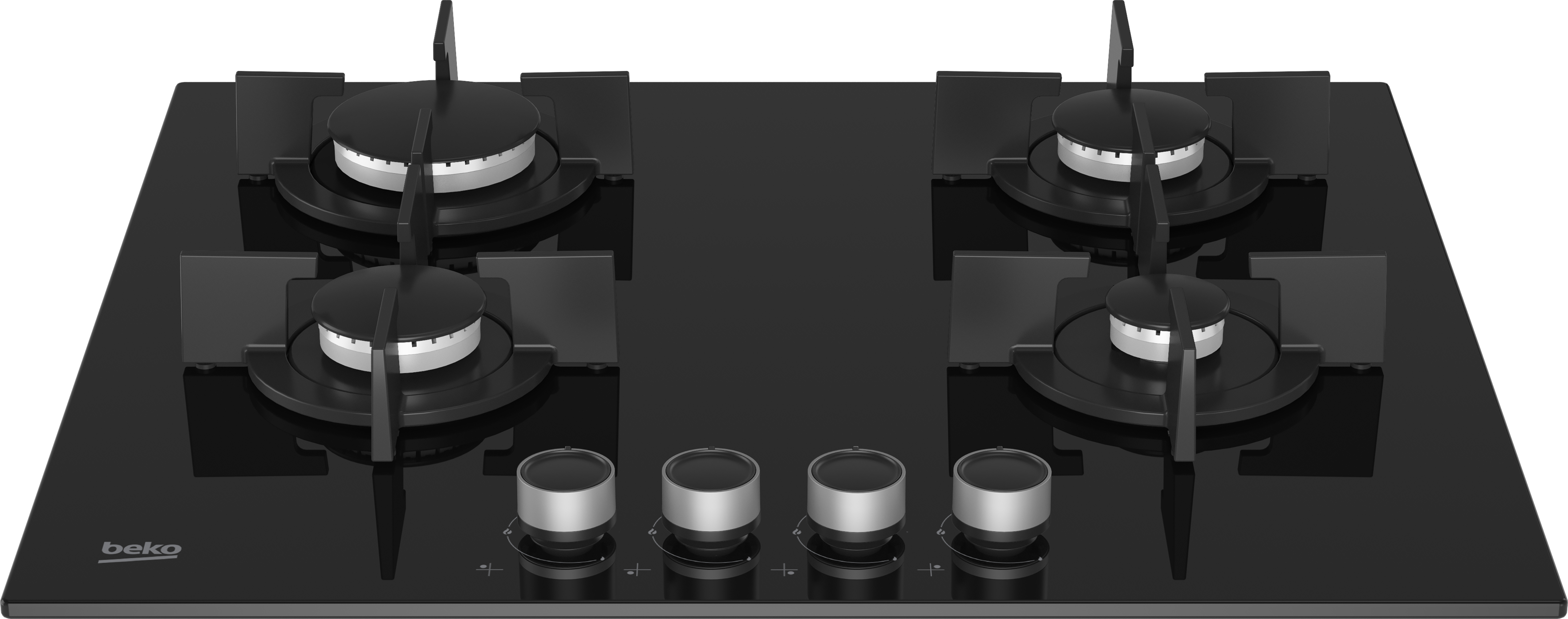 Czarna kuchenka gazowa z czterema palnikami i srebrnymi pokrętłami. Tło jest białe.