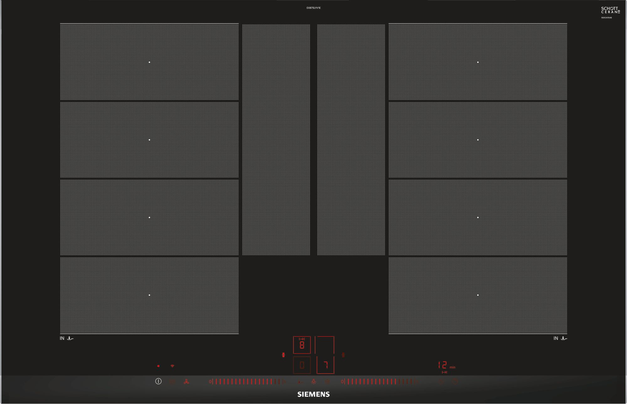 Piano cottura nero con più zone di cottura e display digitale rosso.
