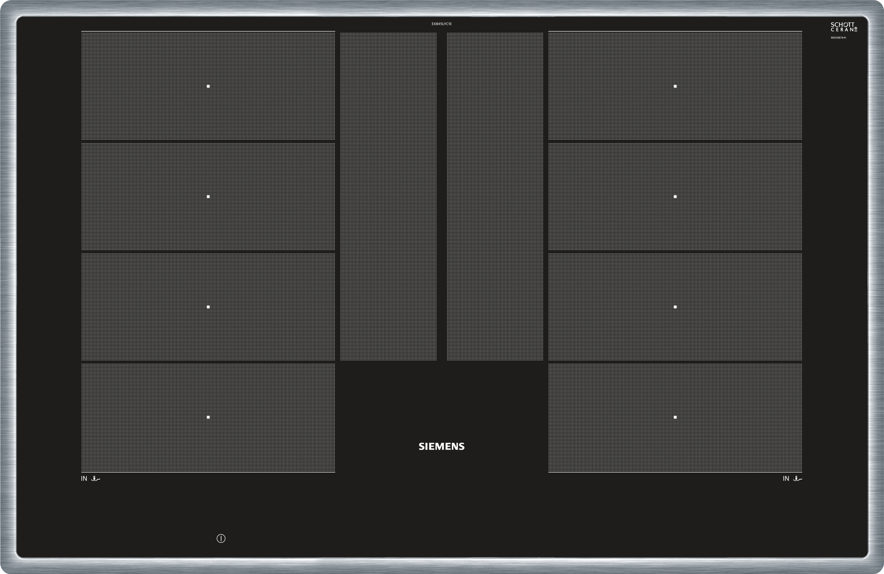 Czarna płyta indukcyjna ze srebrną ramą. Płyta ma szare prostokąty z białymi kropkami i nazwą marki.
