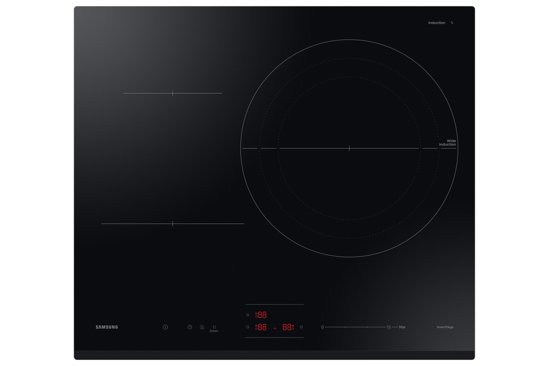 Czarna płyta indukcyjna z trzema strefami gotowania i wyświetlaczem cyfrowym.