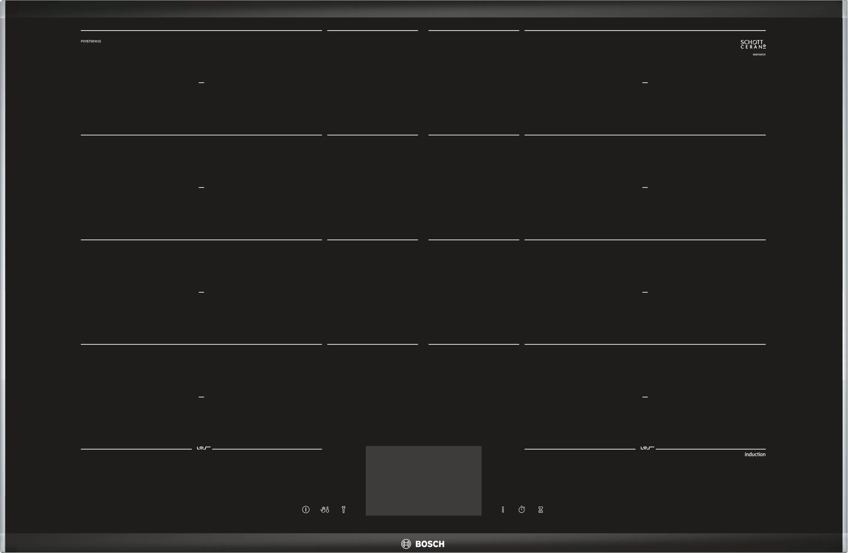 Placa de inducción negra con múltiples zonas de cocción. Logotipo de Bosch. Fondo blanco.