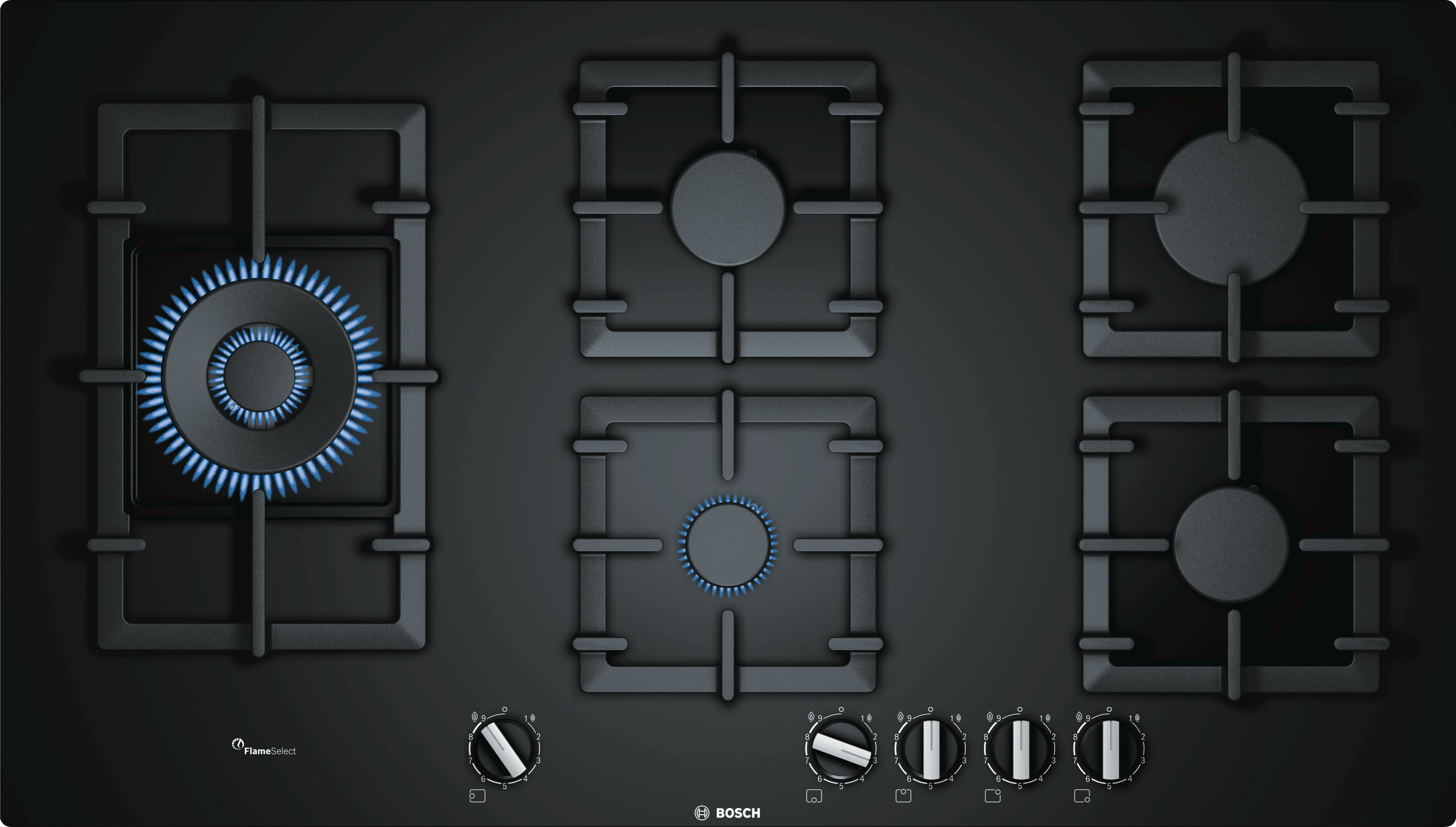 Black gas stove with five burners, one lit with blue flame.