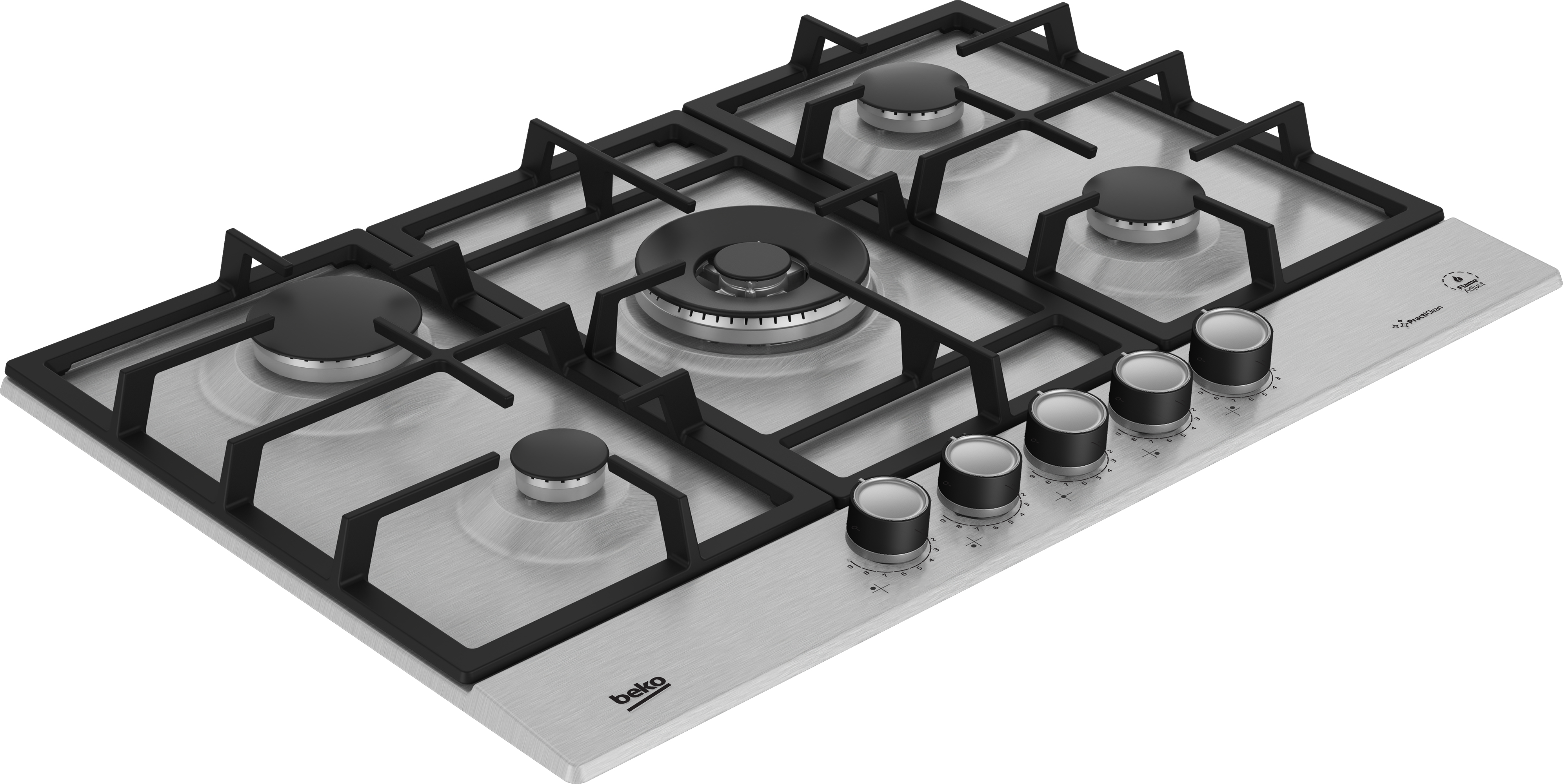 Encimera de gas Beko de acero inoxidable con cinco quemadores. Tapas negras y mandos. Superficie plateada.