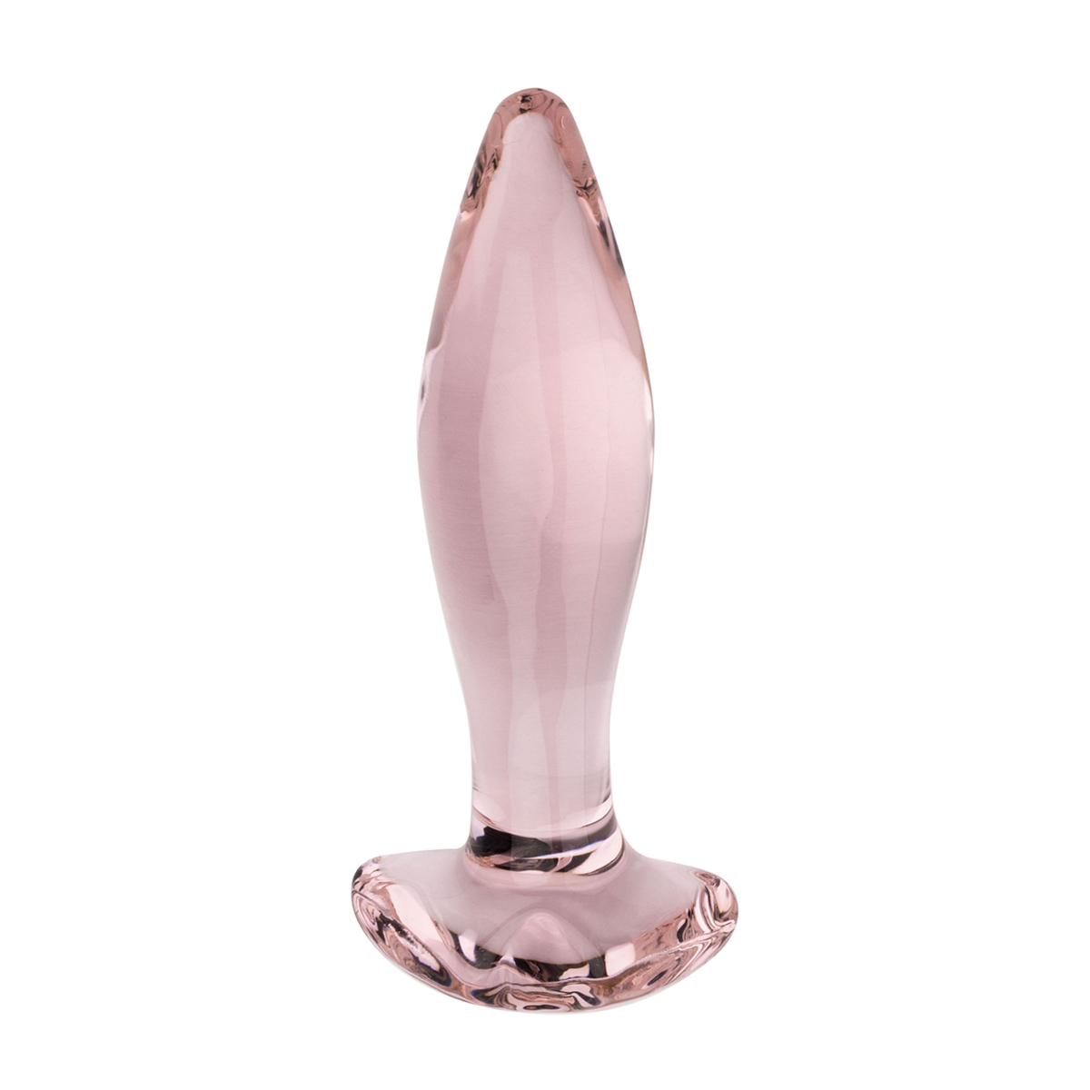 Ein rosa Glas-Analplug. Er hat eine konische Form und einen ausgestellten Sockel.