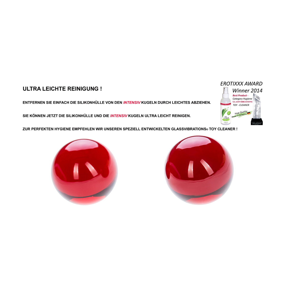 Zwei rote Sexspielzeuge aus Glas, Text auf Deutsch und ein Auszeichnungssymbol. Weißer Hintergrund.