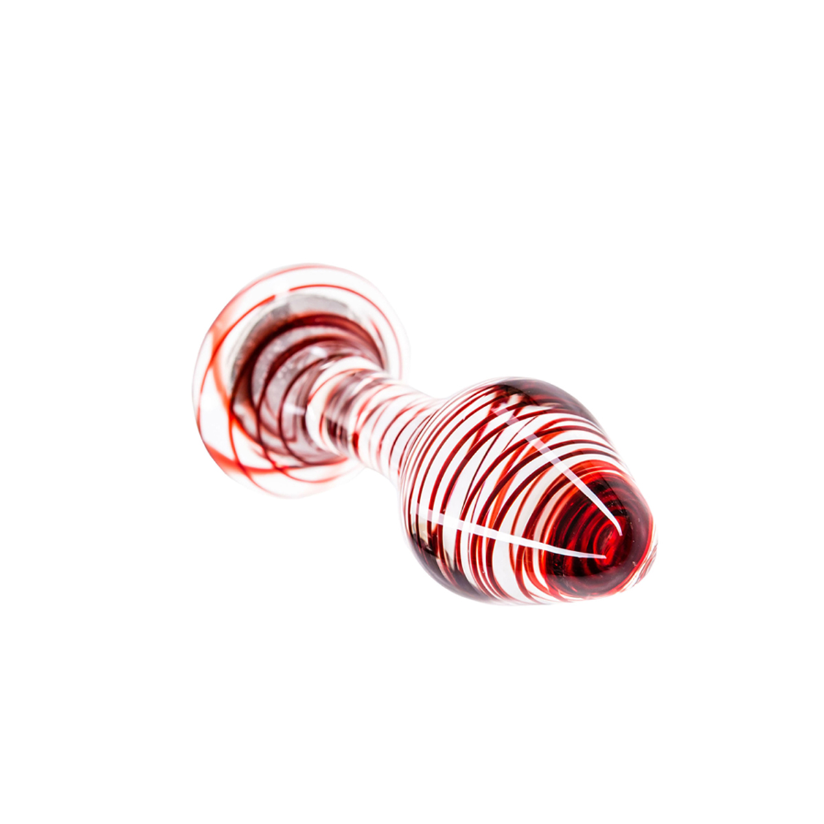 Transparenter Glas-Buttplug mit rot-weißem Spiraldesign, isoliert auf weißem Hintergrund.