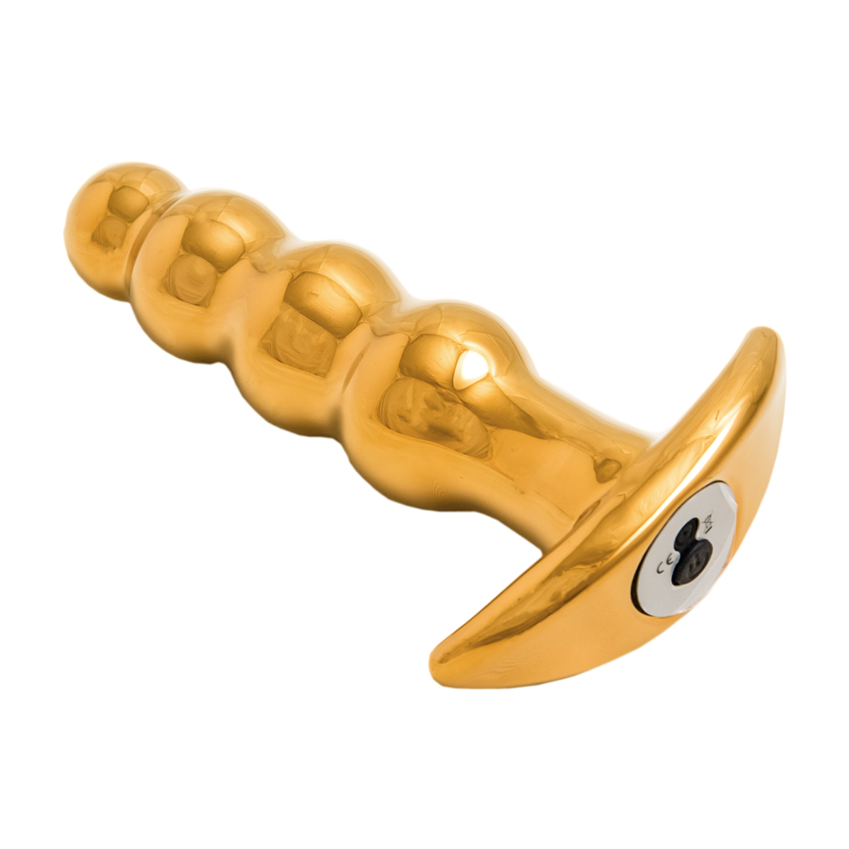 Goldenes Analspielzeug mit gebogener Basis. Es hat ein glattes, segmentiertes Design.