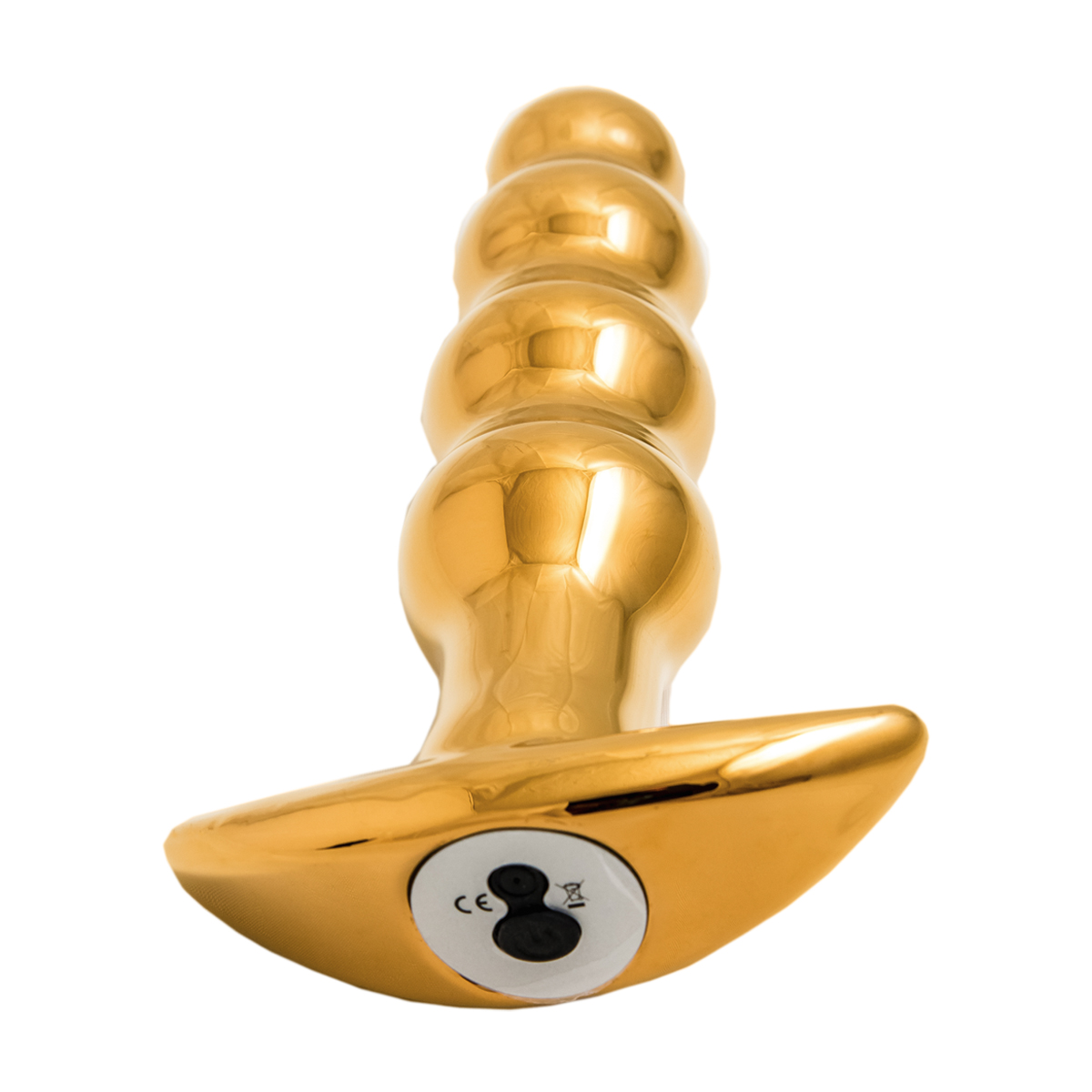 Goldenes Sexspielzeug mit abgerundeter Basis und gebogener Oberseite.