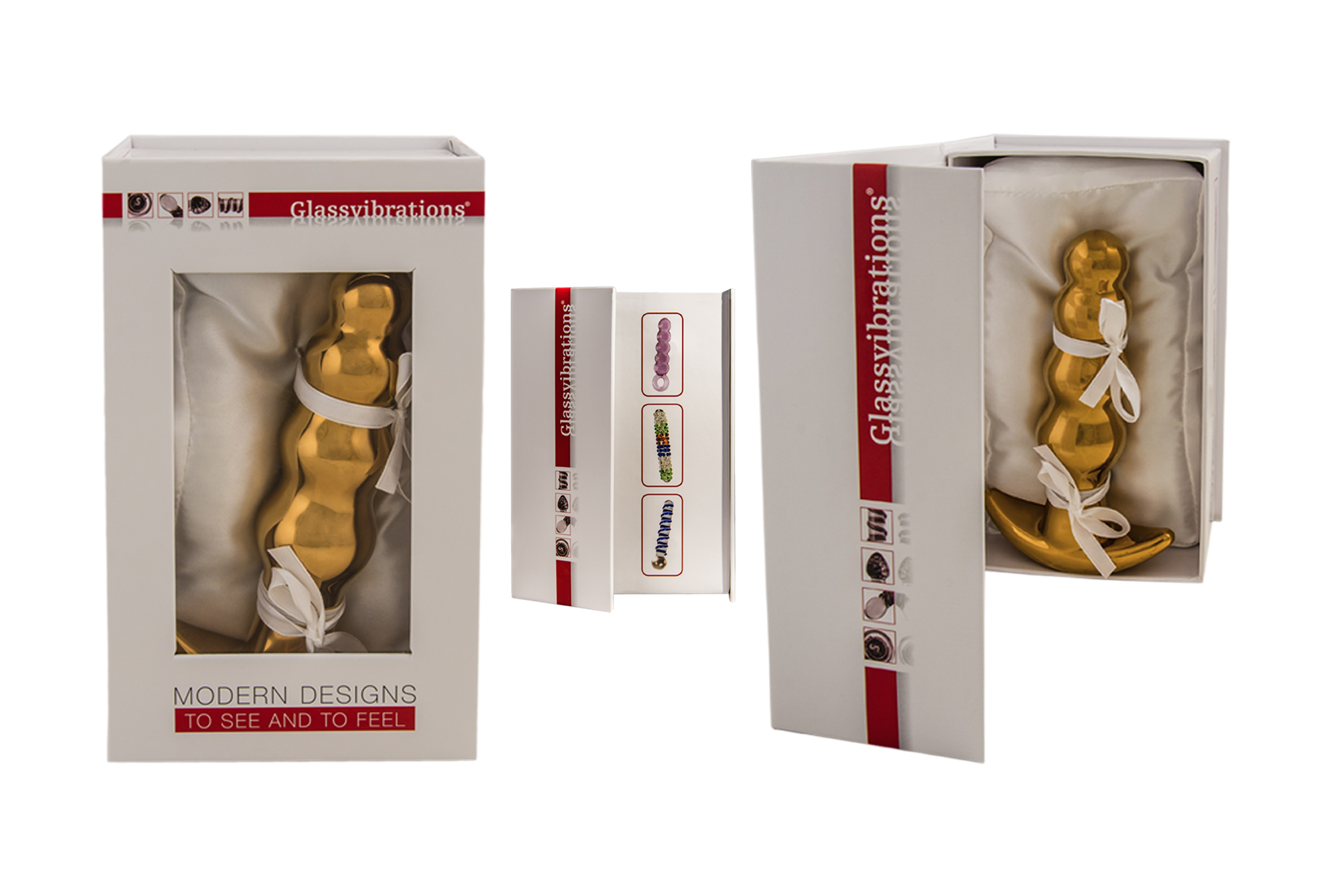 Ein goldfarbenes Sexspielzeug in einer weißen Box mit Fenster, in einer weißen Box.