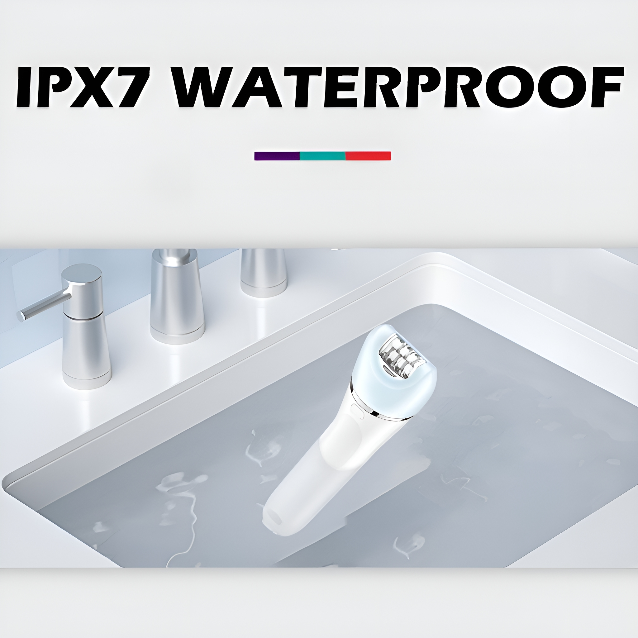 Ein weißer Elektrorasierer liegt in einem Waschbecken mit Wasser. Oben steht der Text: IPX7 WASSERDICHT.