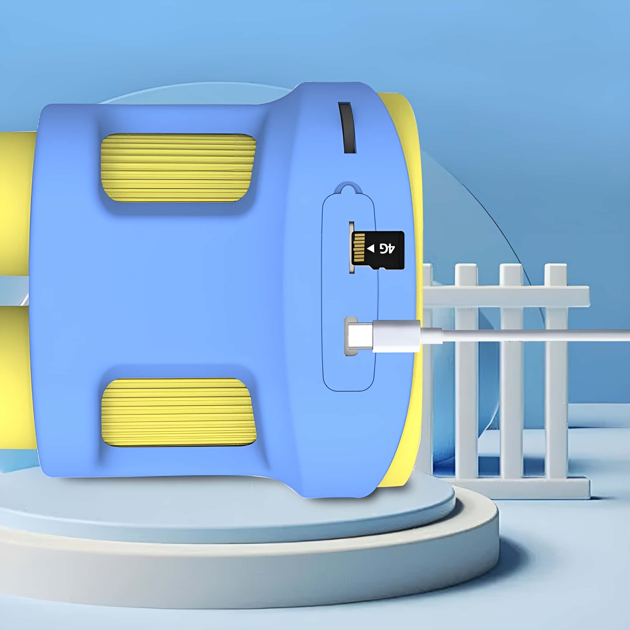Blau-gelbes Gerät mit SD-Kartensteckplatz und USB-C-Anschluss, mit weißem Kabel.