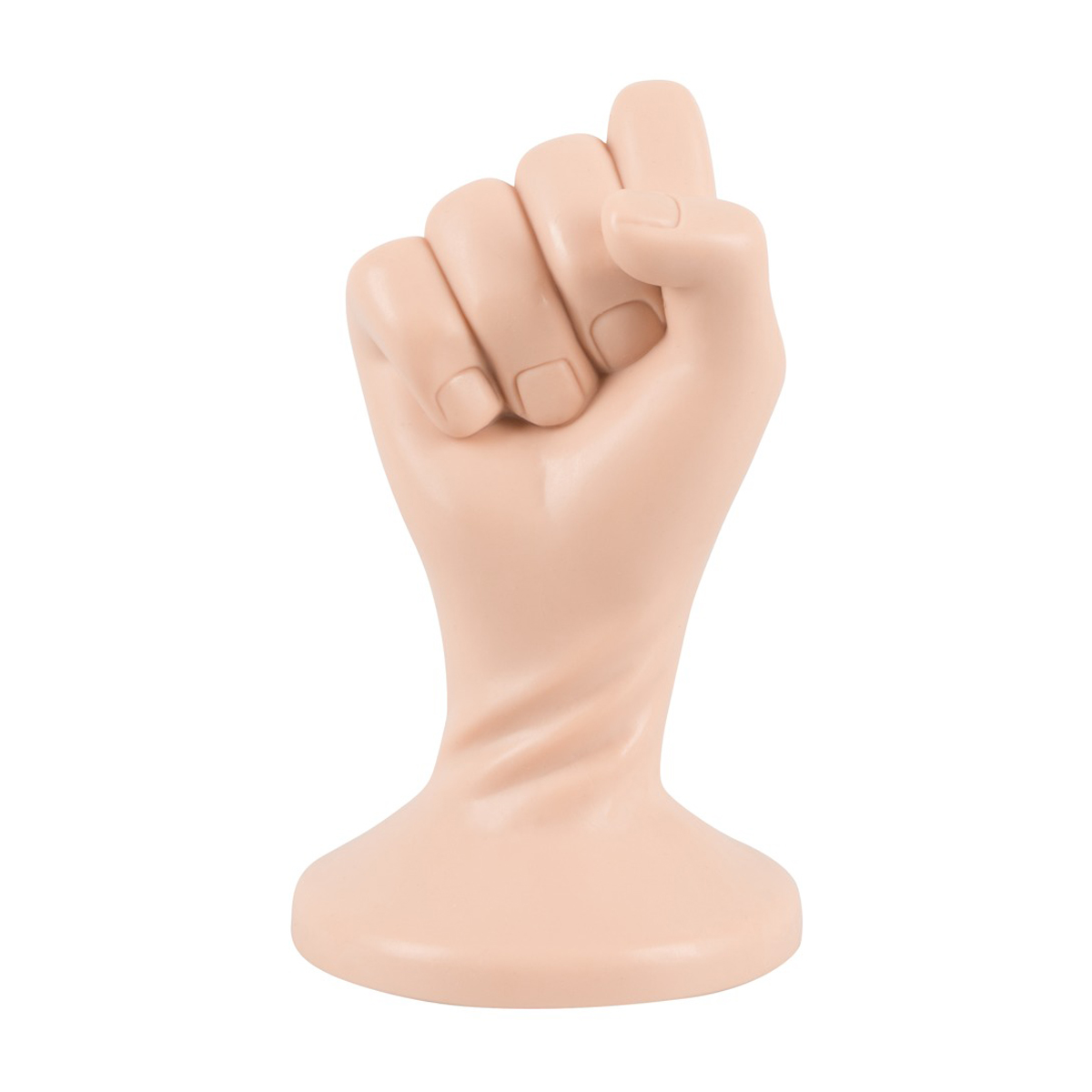 Handförmige Skulptur, hautfarben. Sie steht auf einer weißen Oberfläche.