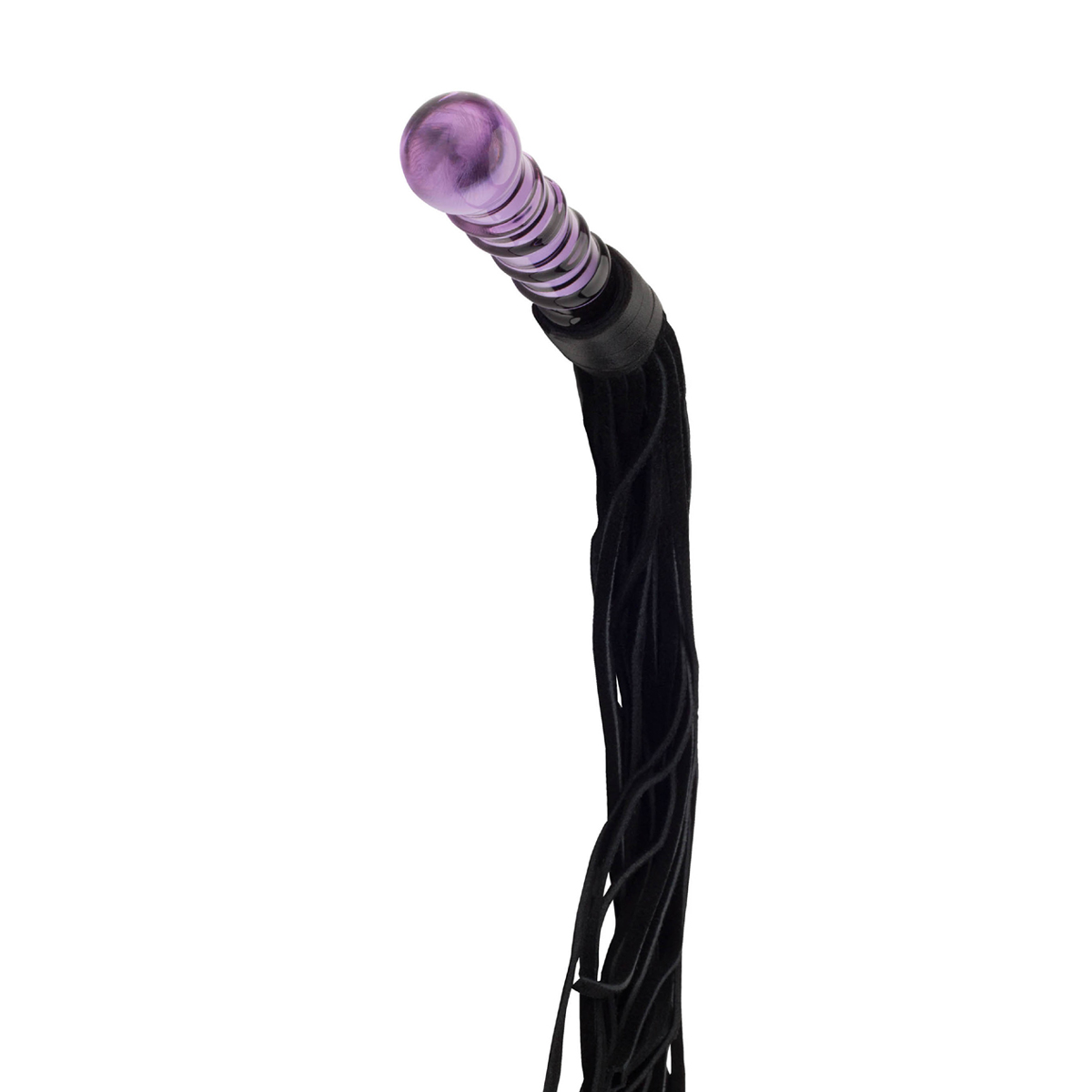 Schwarzer Flogger mit einem purpurfarbenen, bauchigen Griff.